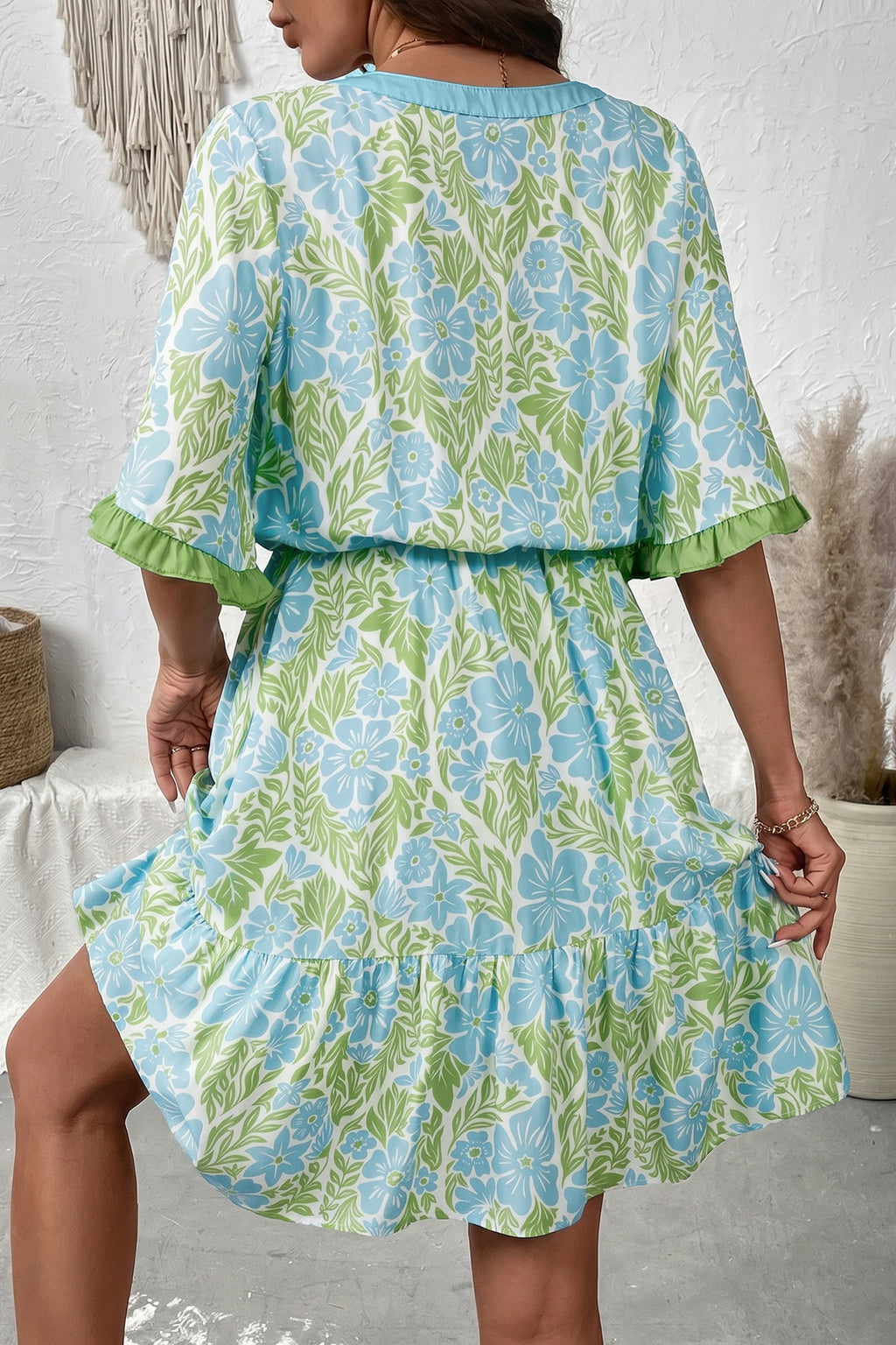 Sky Blue Floral High Waist Ruffle Short Sleeve Mini Dress S-XL