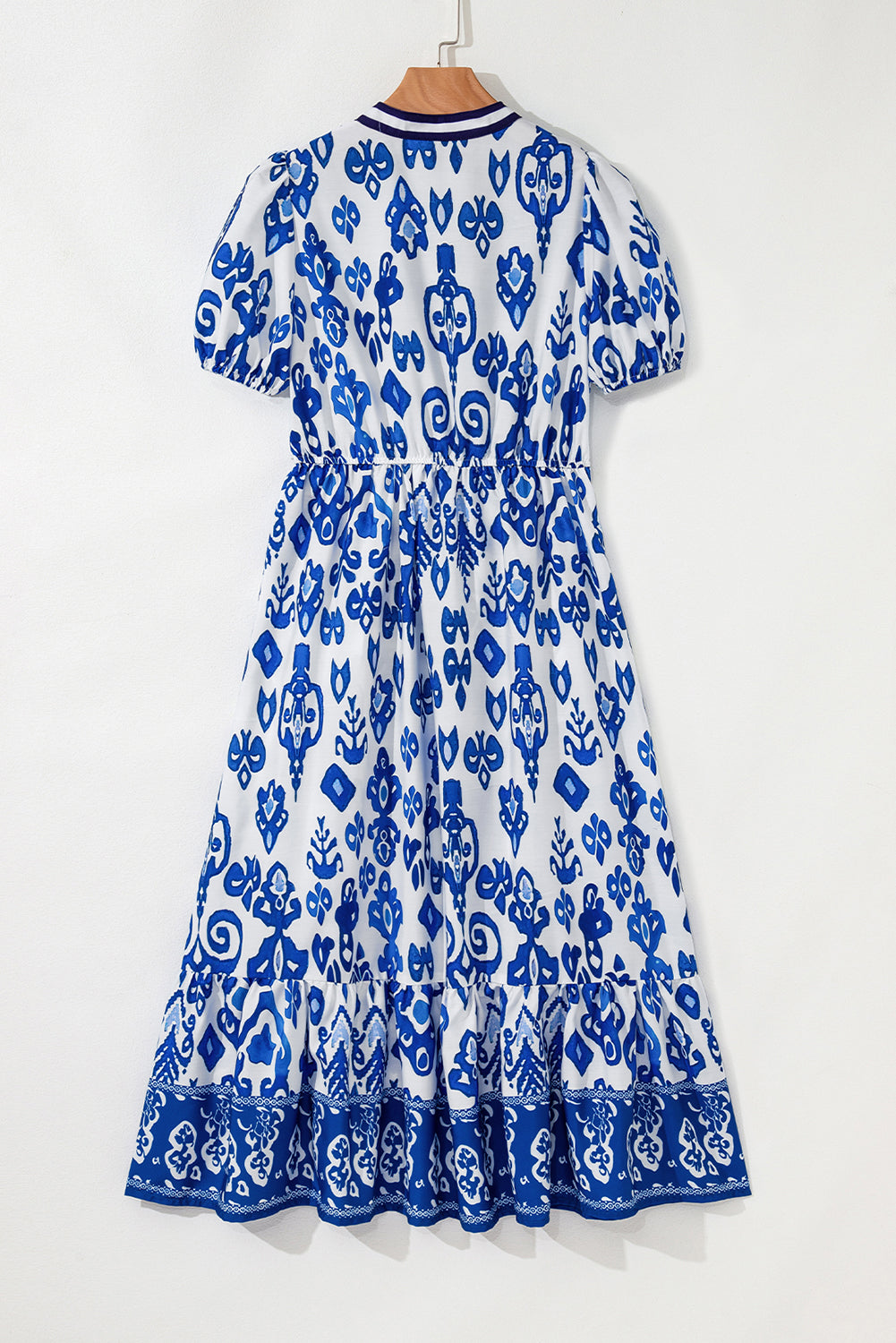 Women's Sky Blue Floral Puff Short Sleeve V Neck High Waist Maxi Dress at LivelyLooks