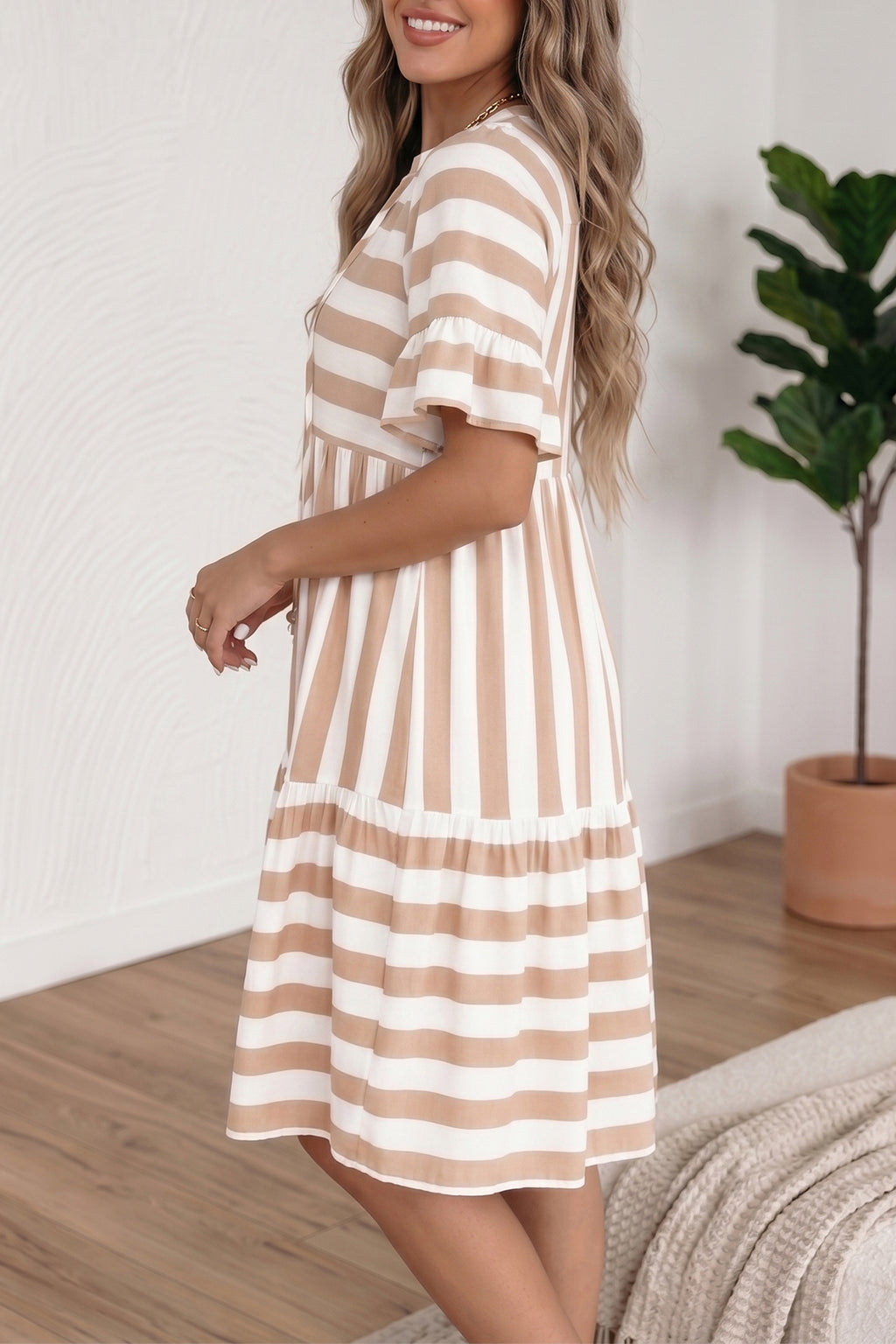 Khaki Stripe Tie V-Neck Ruffle Sleeve Flared Summer Dress | Side Pockets