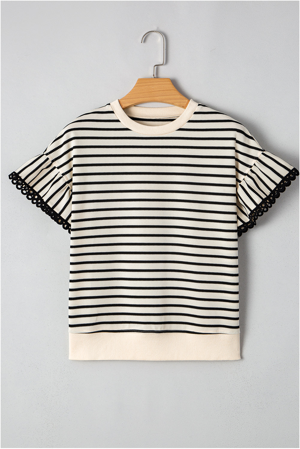 Black Stripe Ruffle Sleeve Crewneck Top | Lace Trim | S-XL