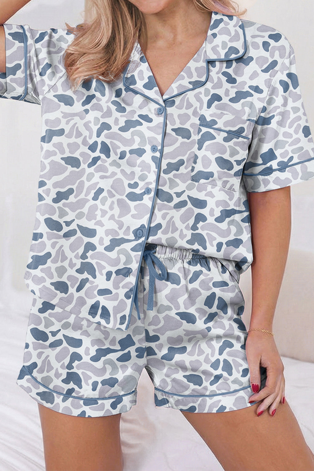 Camo & Polka Dot Lapel Shirt Drawstring Shorts Pyjama Set