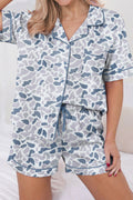 Camo & Polka Dot Lapel Shirt Drawstring Shorts Pyjama Set
