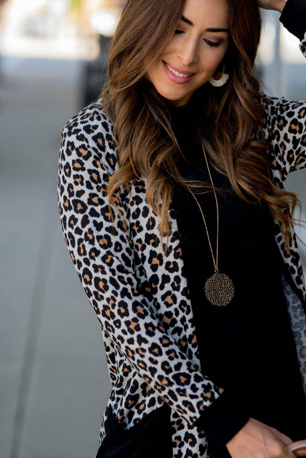 LivelyLooks Black Leopard Patched Pocket Open Front Knit Cardigan S-XL women's fashion