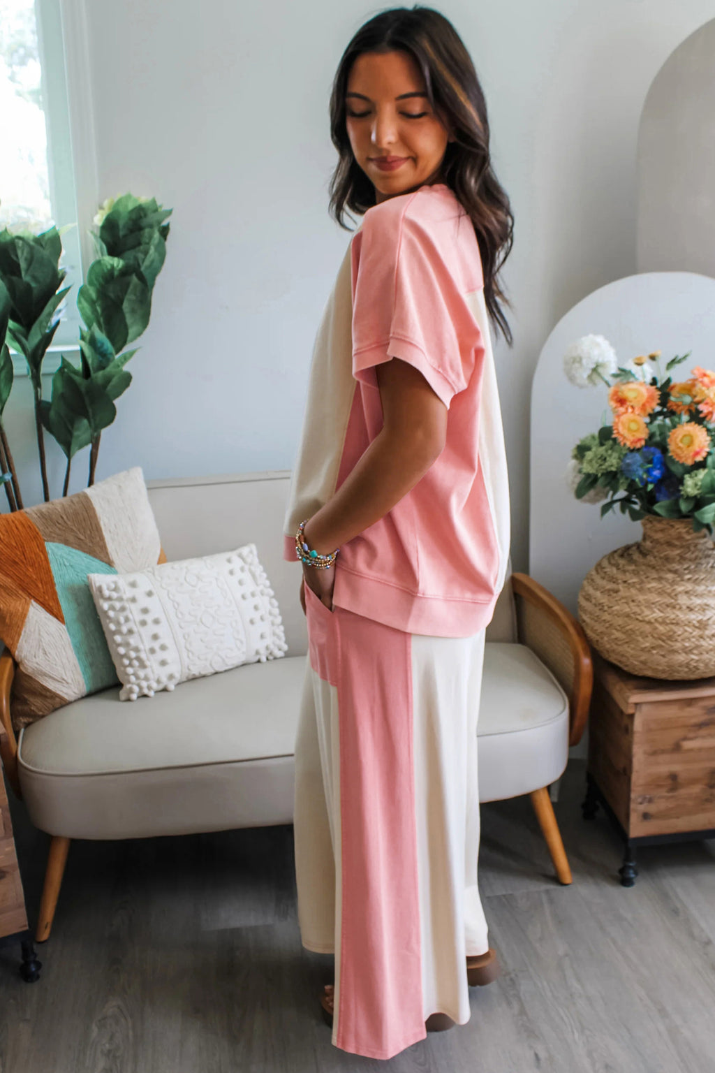 White Two-Tone Colour Block Patchwork Tee & Drawstring Loose Pant Set | UK 8–22