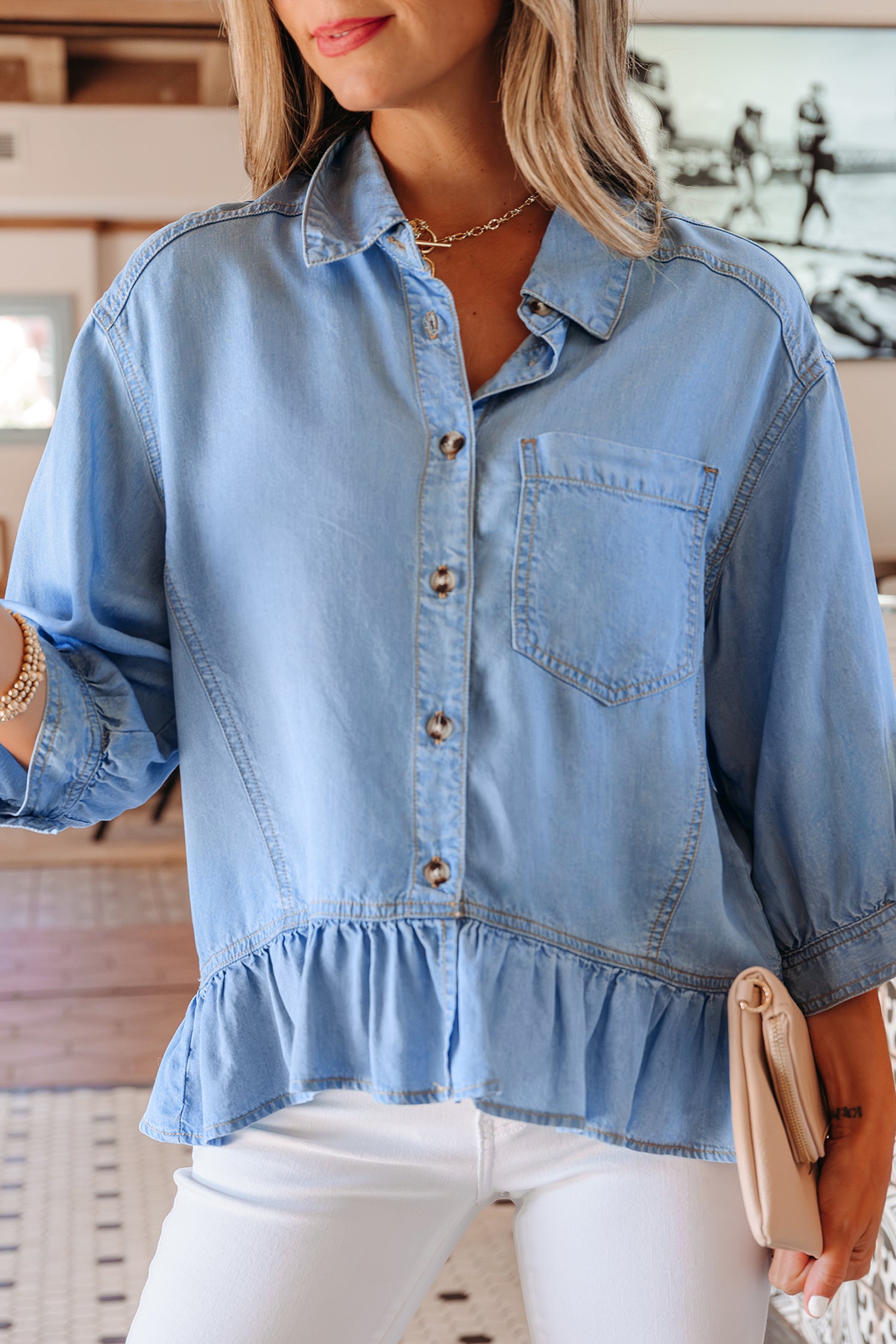 Women's Beau Blue Half Sleeve Button Down Ruffled High Low Chambray Shirt at LivelyLooks