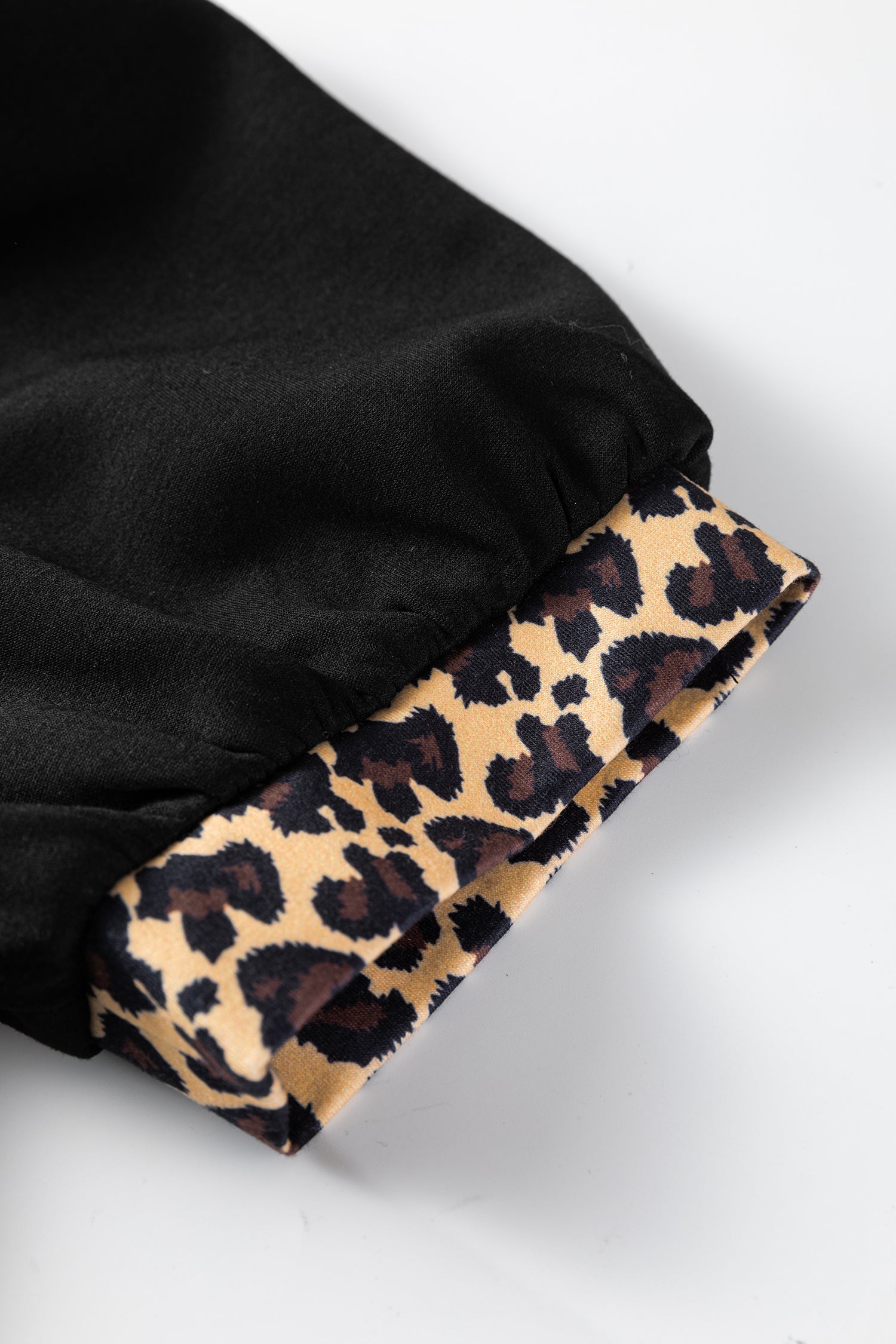 Women's Black Leopard Patchwork Zip Collared Short Puff Sleeve Shift Mini Dress at LivelyLooks