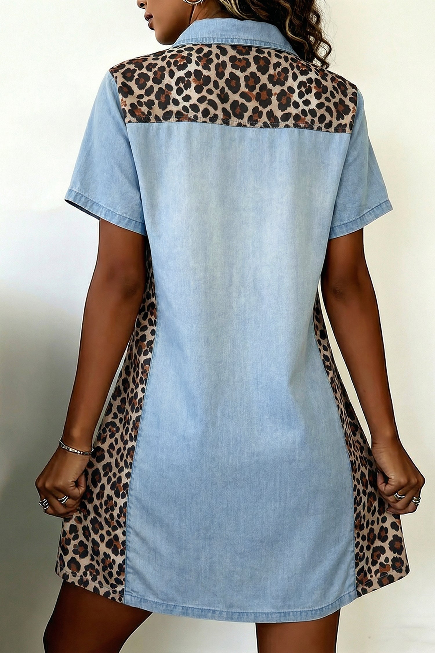 Blue Denim Colour Block Leopard Patchwork Shirt Collar Mini Dress S-XL
