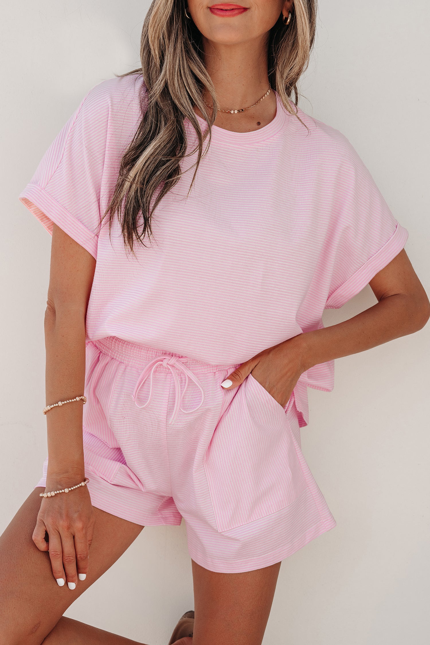 Pink Stripe Matching Oversized Tee & Drawstring Shorts Co-ord Set