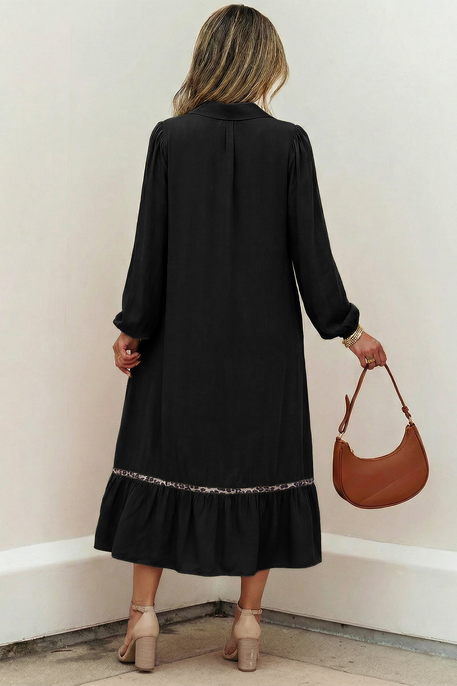 Women's Black Collared V Neck Smocked Detail Contrast Leopard Trim Bracelet Sleeve Long Dress at LivelyLooks