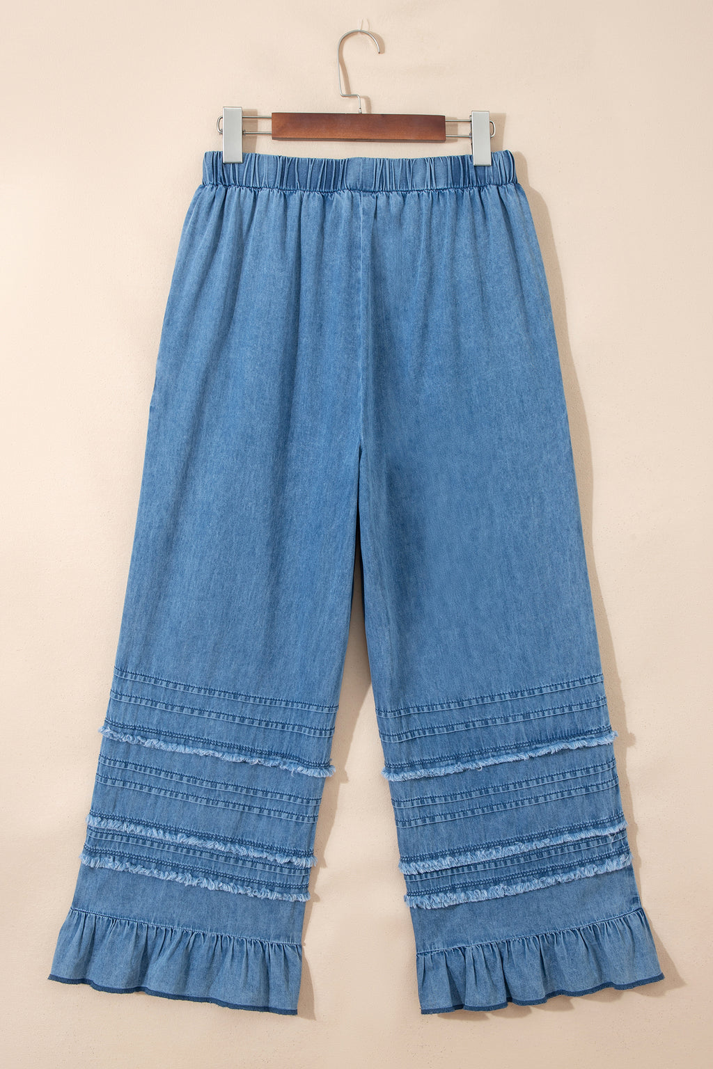 Shop Dusk Blue Ruffled Hem Wide Leg Chambray Trousers UK 8-20 at LivelyLooks