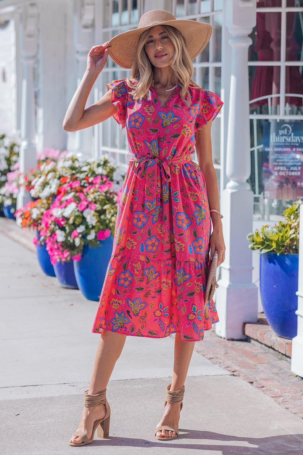 Women's Rose Flutter Sleeve Belted Floral Maxi Dress at LivelyLooks