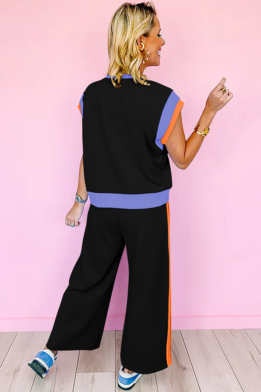 Colour Block Cap Sleeve Tee & Crop Wide Leg Trousers Set | 8 Colours