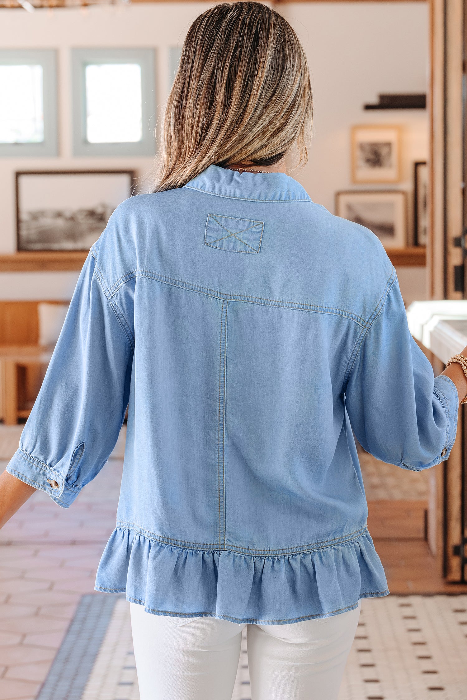 Women's Beau Blue Half Sleeve Button Down Ruffled High Low Chambray Shirt at LivelyLooks