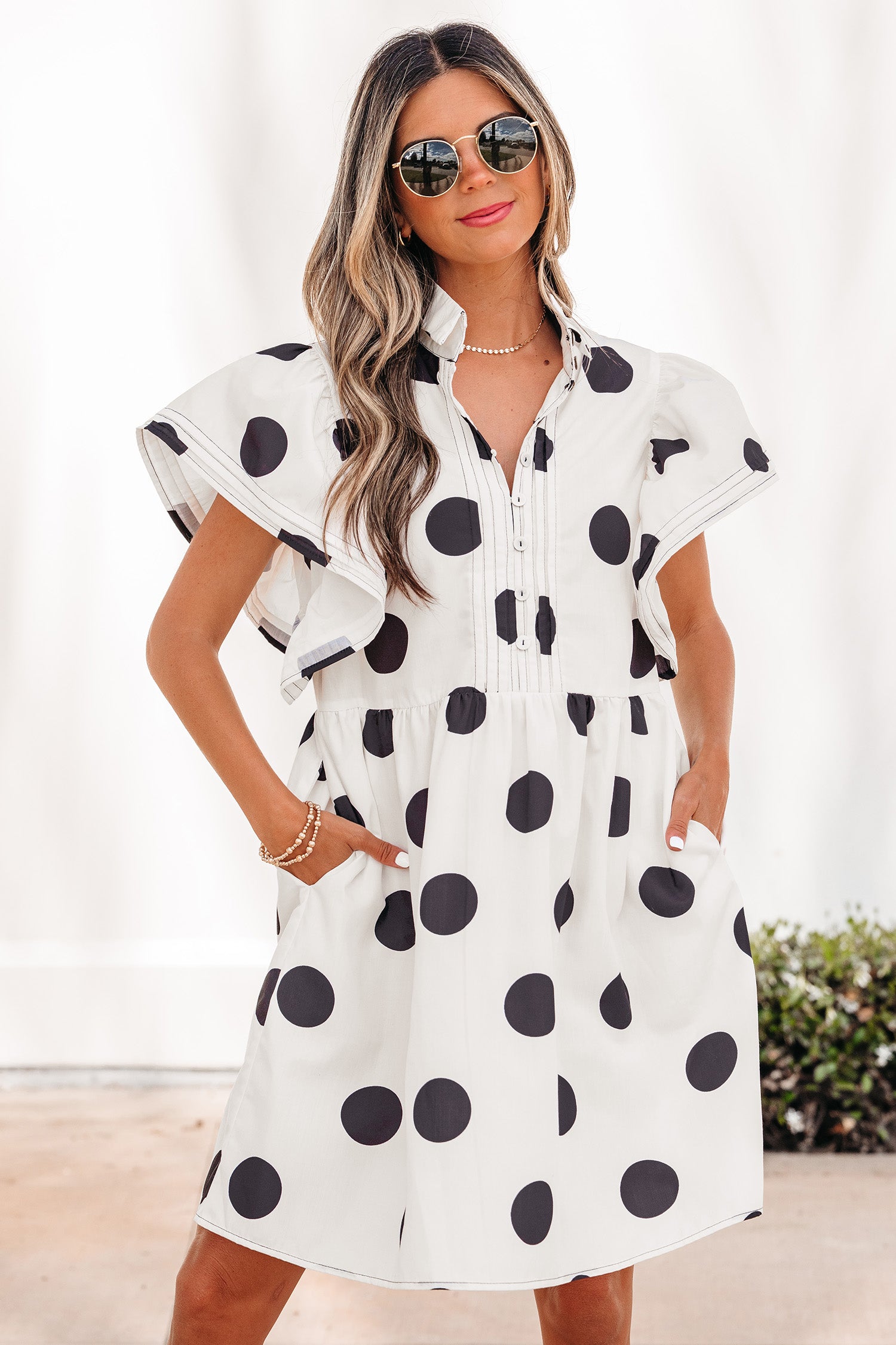 White Polka Dot Half Button Ruffled Short Sleeve Loose Mini Dress S-XL