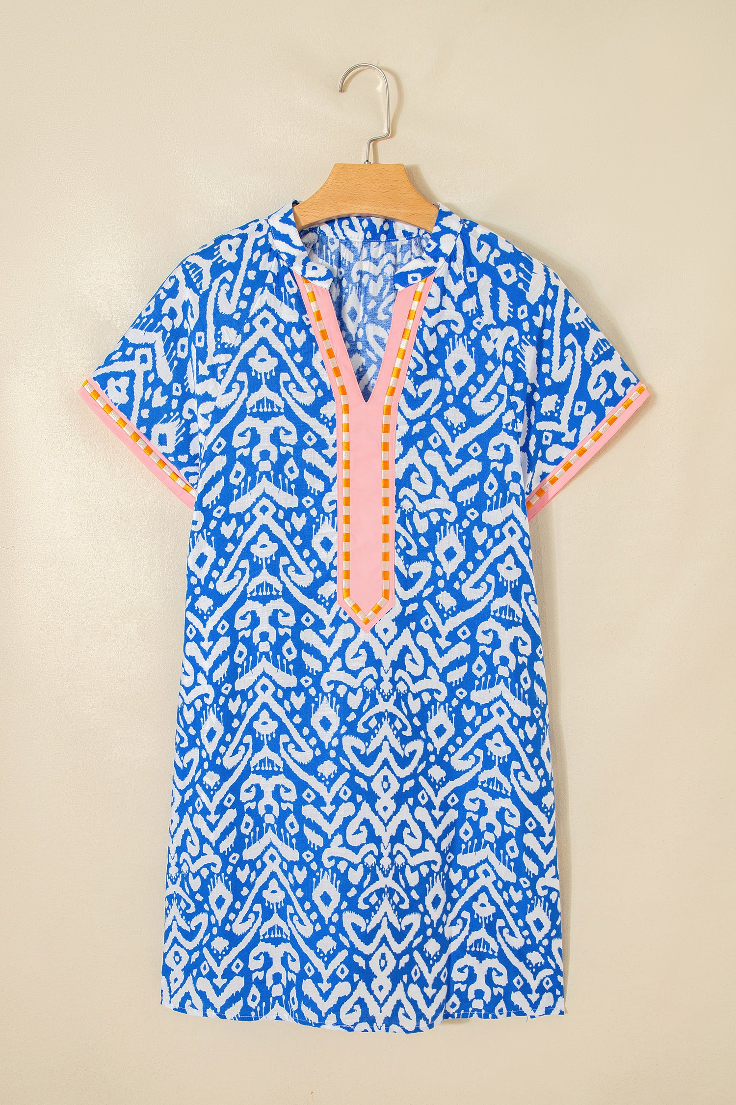 Blue & Khaki Western Print Colour Block Patchwork Shift Mini Dress S-XL