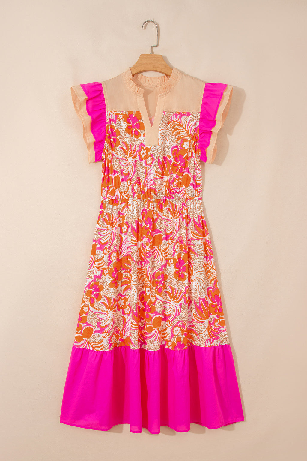 Rose Floral Colour Block Ruffled Short Sleeve Flared Midi Dress S-XL
