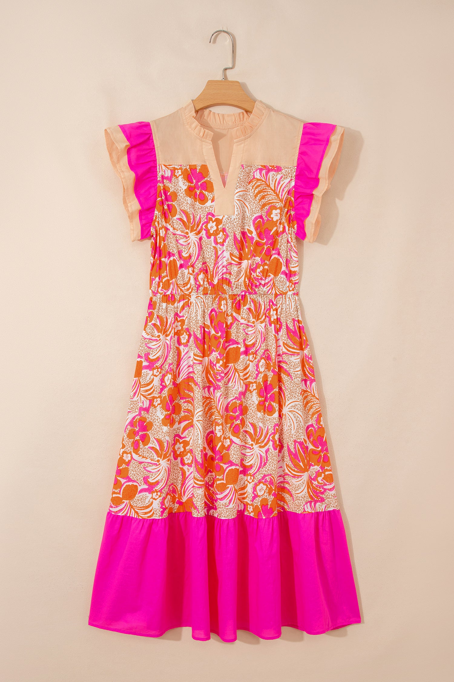 Rose Floral Colour Block Ruffled Short Sleeve Flared Midi Dress S-XL