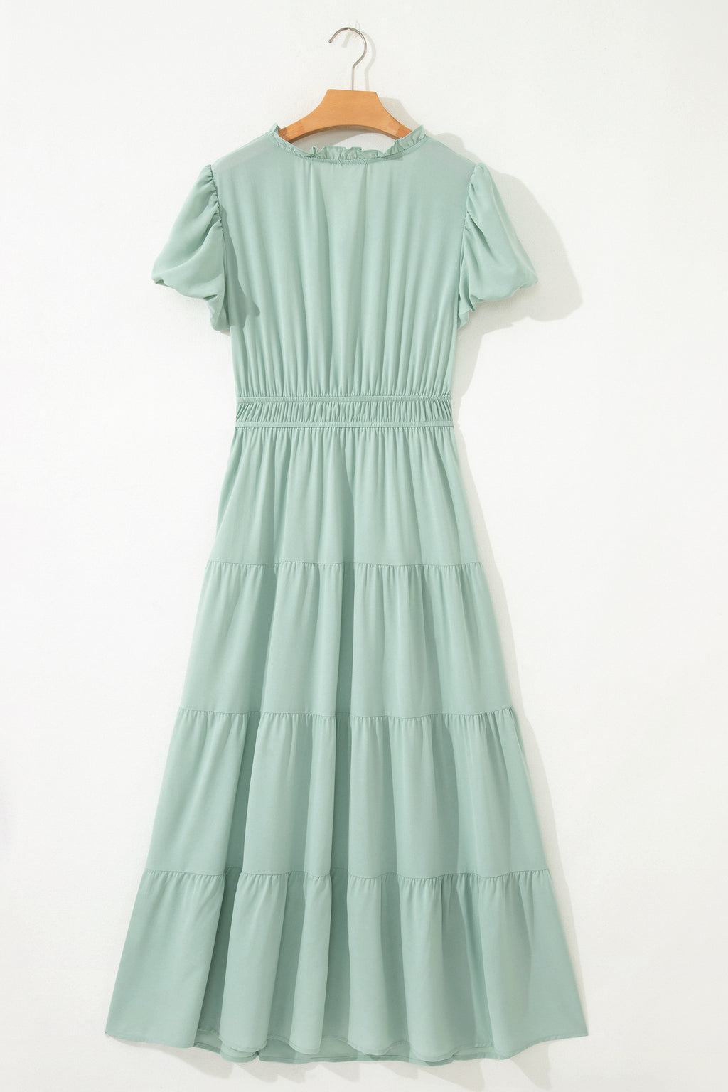 Women's Solid Colour V Neck Puff Sleeve High Waist Tiered Maxi Dress | S-XL at LivelyLooks