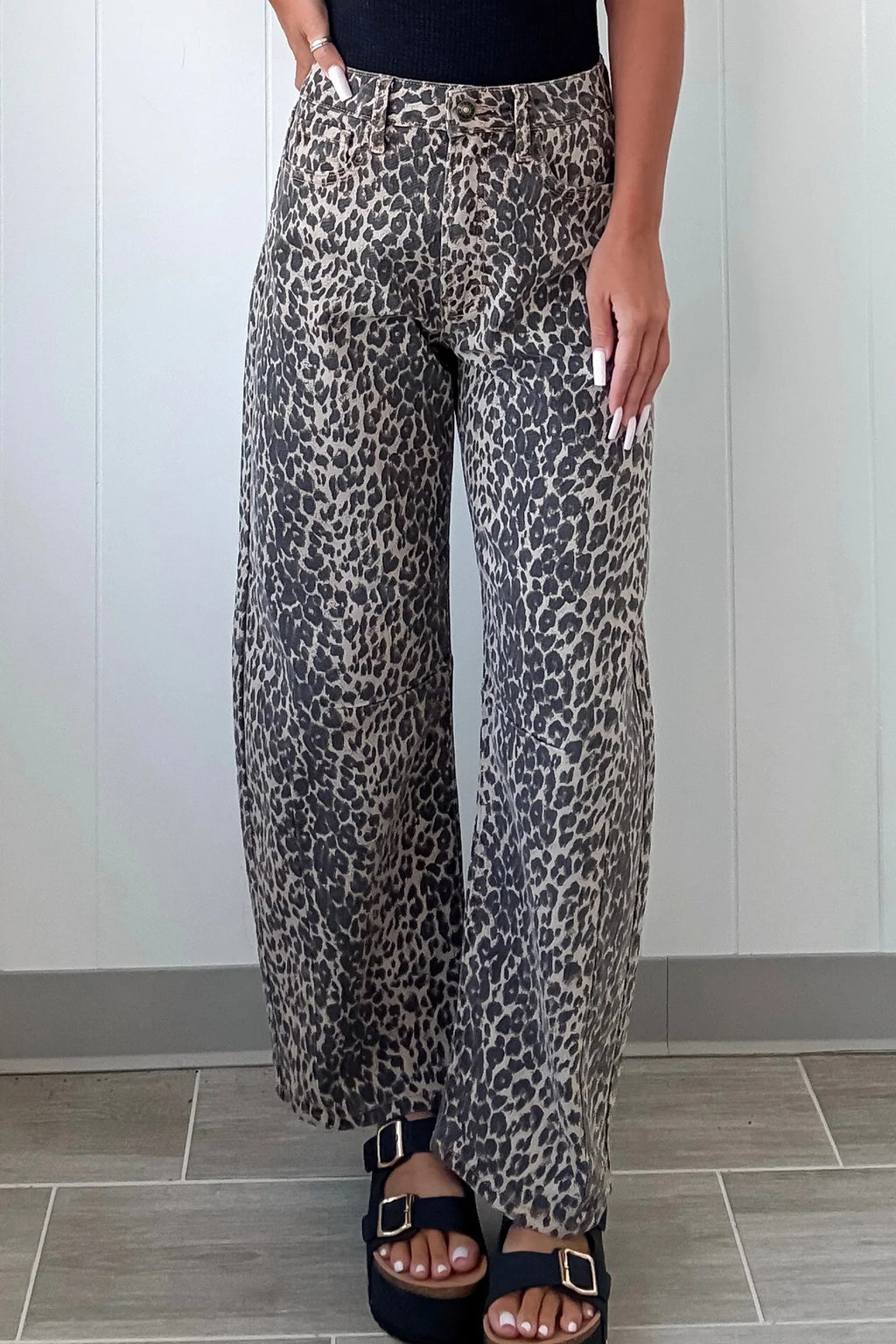 Shop Black Leopard Print High Waist Barrel Jeans UK 8-20 at LivelyLooks