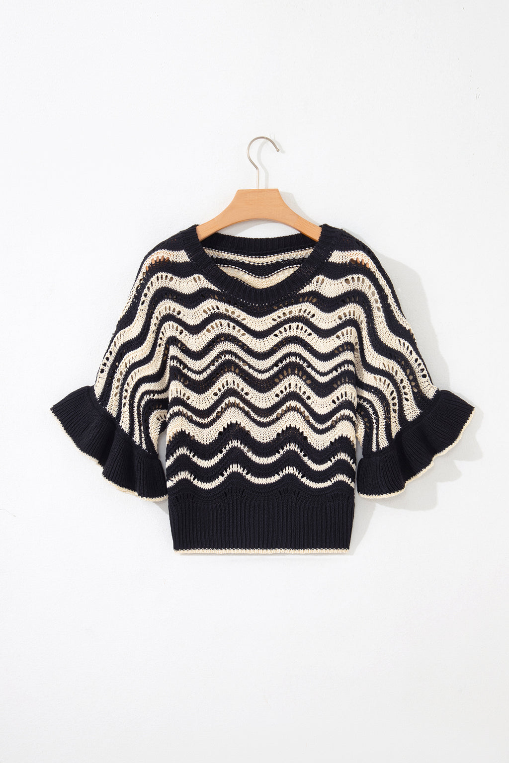 Shop Black Stripe Wavy Crochet Eyelet Detail Ruffle Half Sleeve Sweater at LivelyLooks