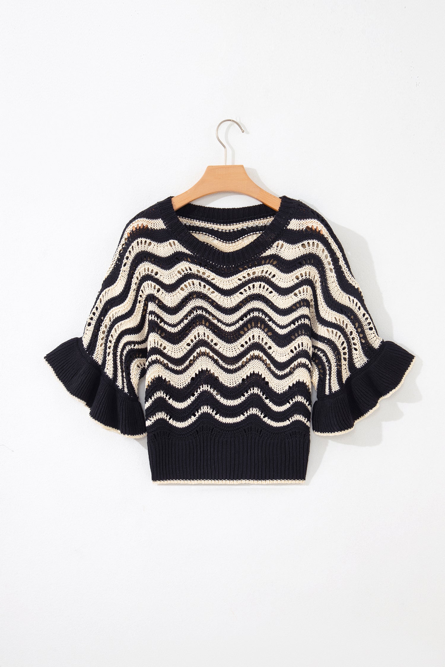 Shop Black Stripe Wavy Crochet Eyelet Detail Ruffle Half Sleeve Sweater at LivelyLooks