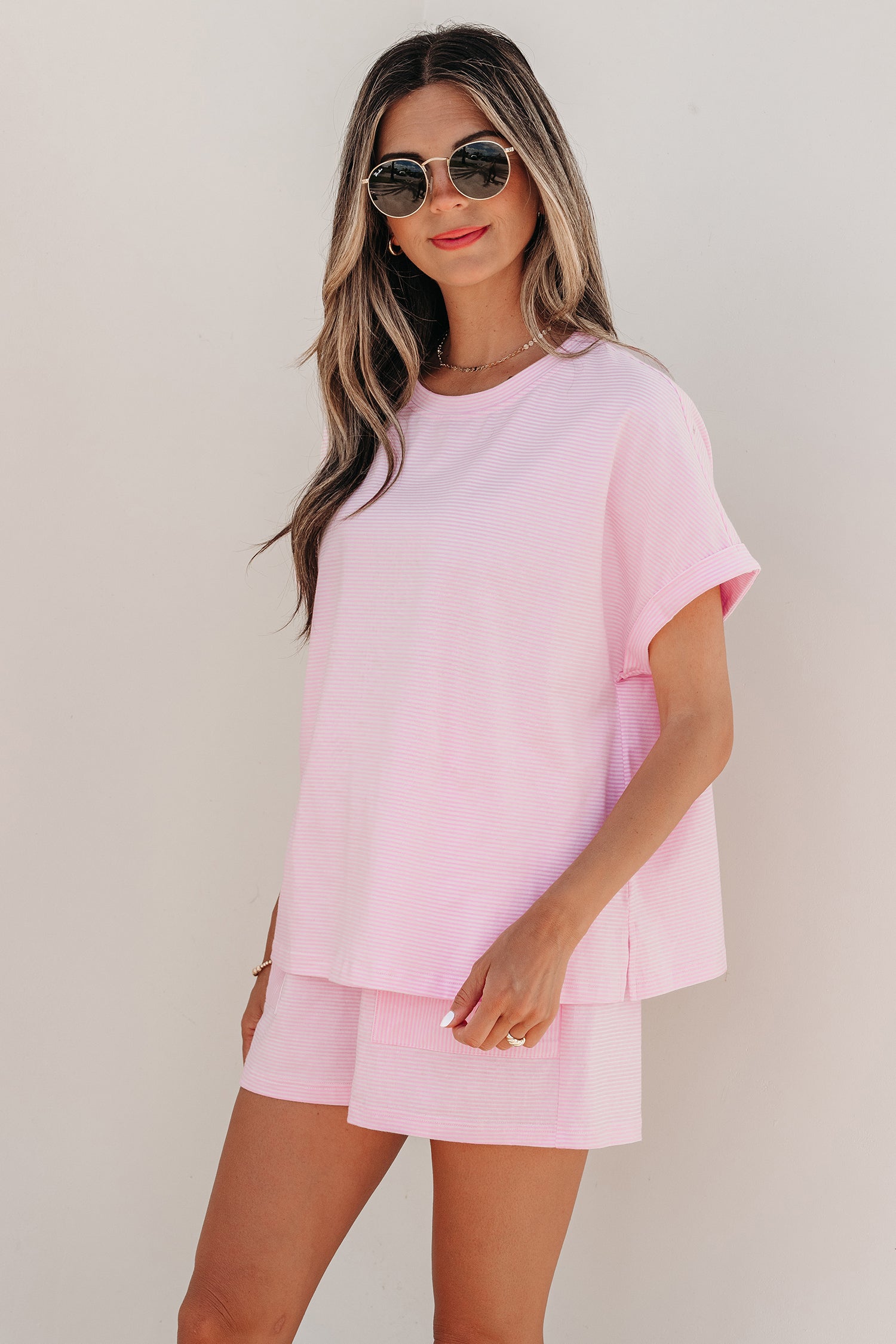 Pink Stripe Matching Oversized Tee & Drawstring Shorts Co-ord Set