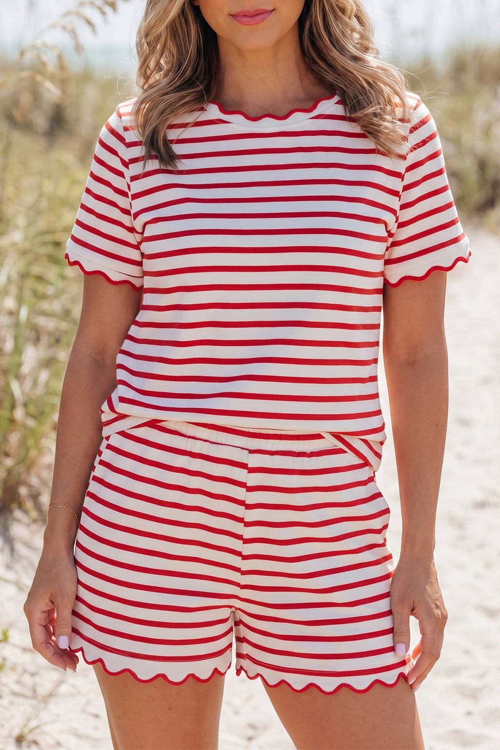 Red Stripe Scallop Trim Casual Top & Shorts Set | UK 8–16