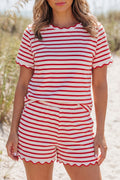 Red Stripe Scallop Trim Casual Top & Shorts Set | UK 8–16