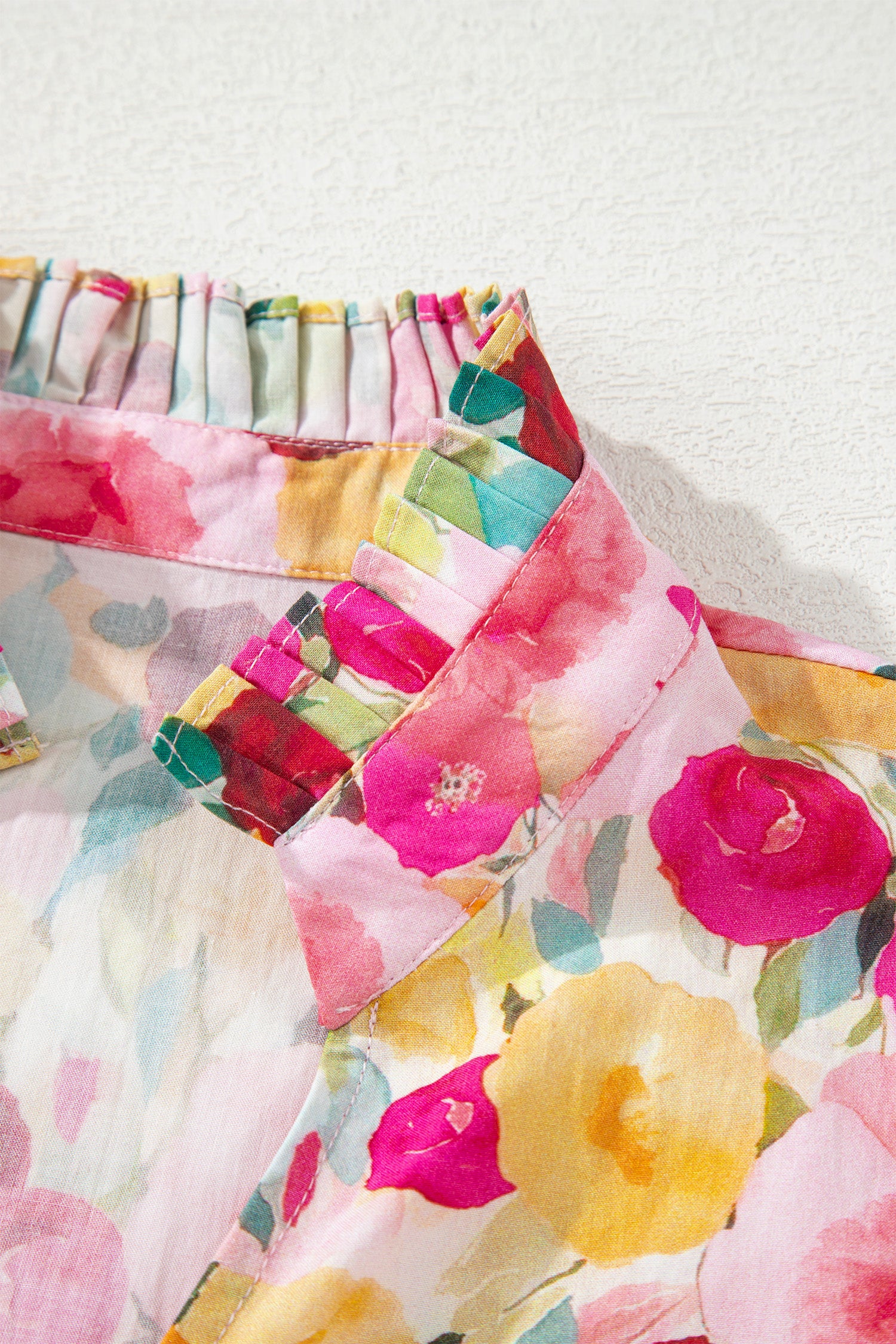 Pink Floral Frilled V Neck Puff Sleeve Blouse