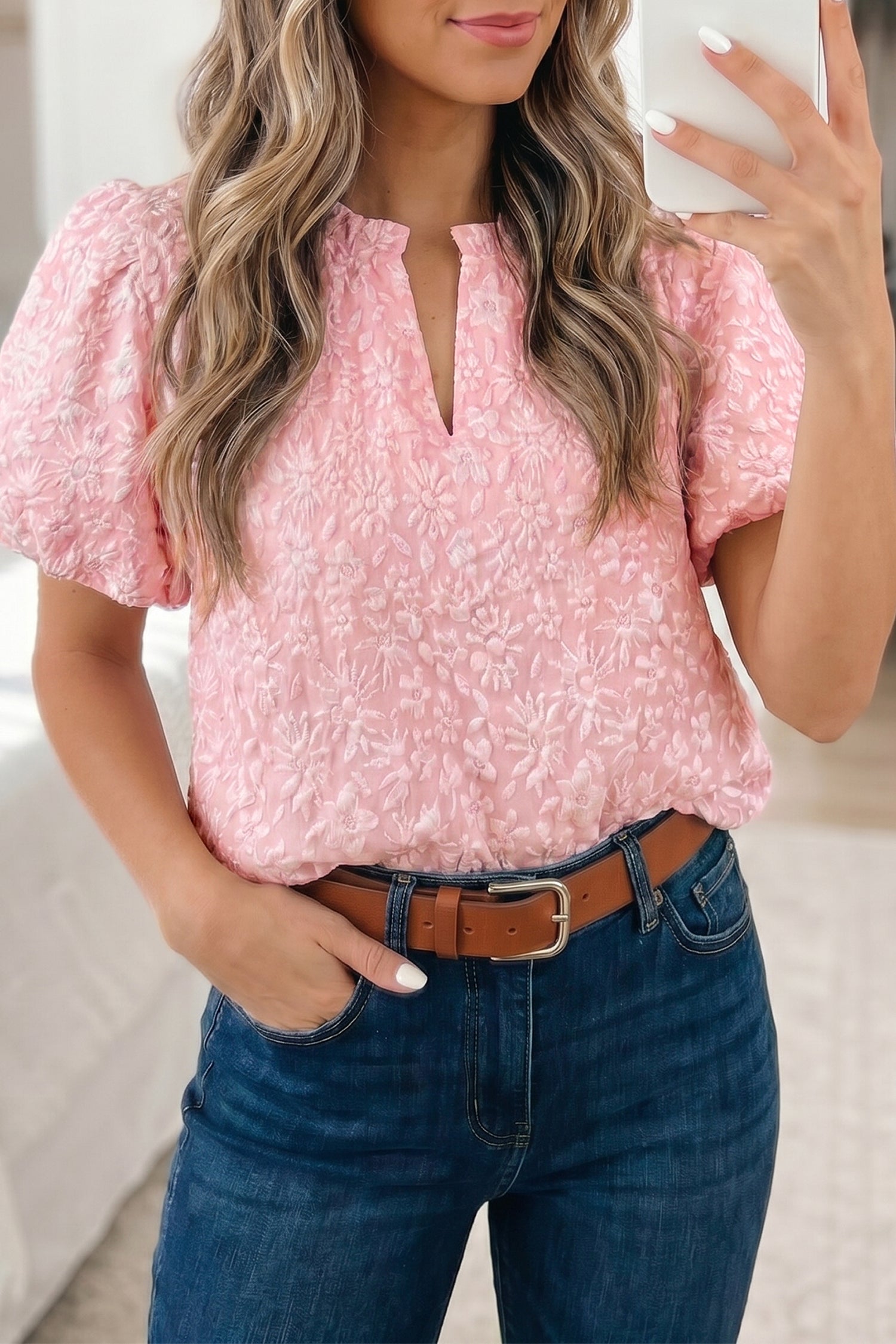 Floral Textured Jacquard Puff Sleeve Blouse Iceland Blue Beige Apricot Pink S-XL