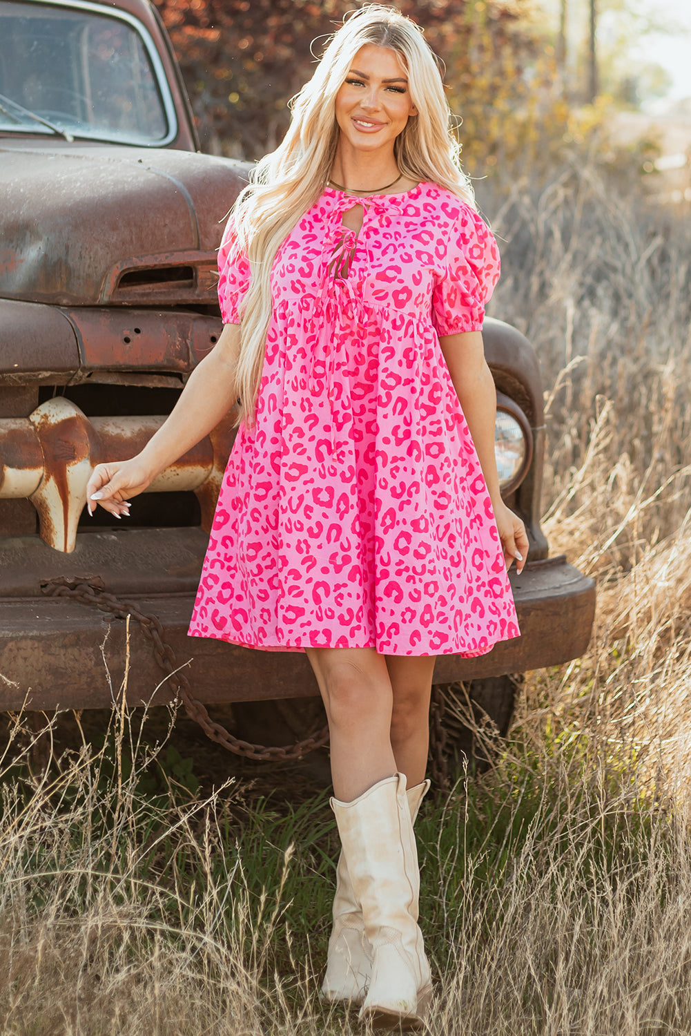 Women's Rose Leopard Puff Sleeve Tie Front High Waist Mini Dress at LivelyLooks