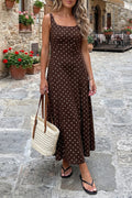 Brown Polka Dot Maxi Dress Square Neck Sleeveless Vacation Women S-XL