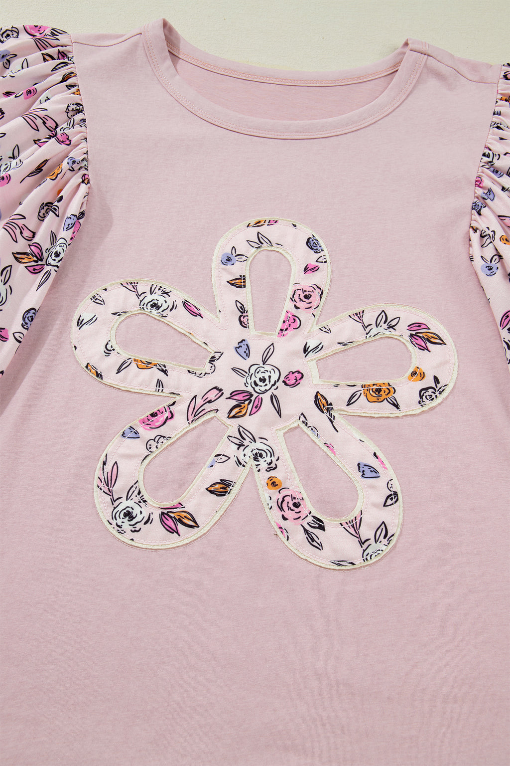 Women's Pink Contrast Floral Patched Flowy Half Sleeve Blouse at LivelyLooks