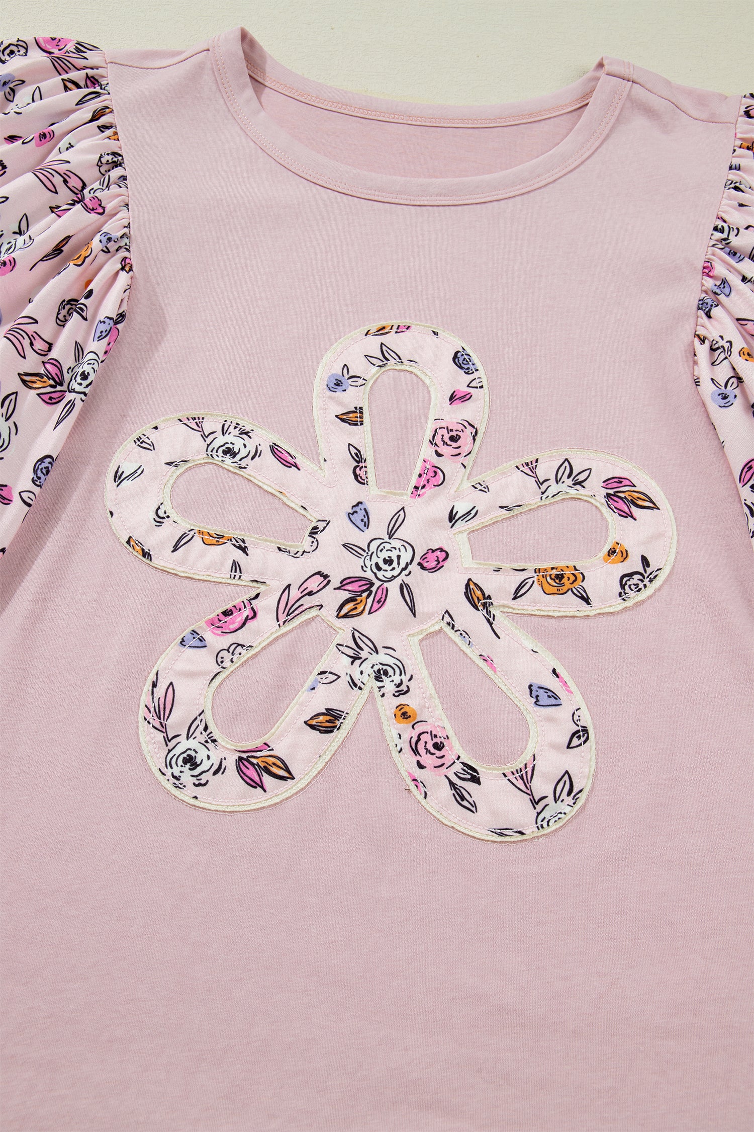 Women's Pink Contrast Floral Patched Flowy Half Sleeve Blouse at LivelyLooks