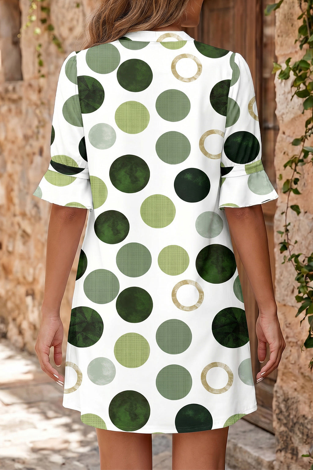 Polka Dot Flounced Half Sleeve V-Neck Mini Dress | Blue & Green | Sizes 8-22