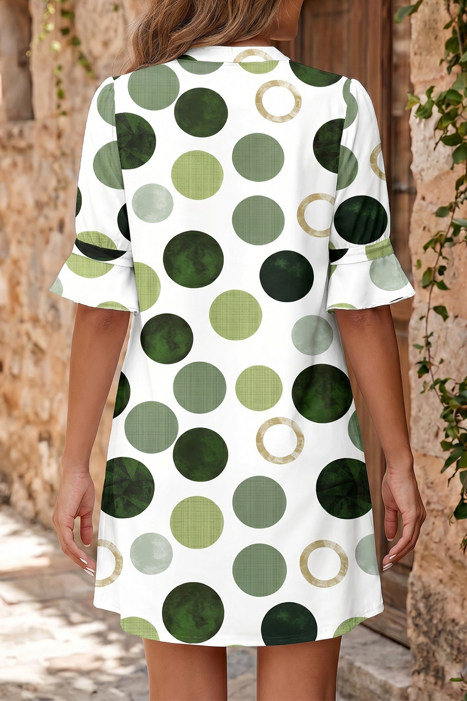 Polka Dot Flounced Half Sleeve V-Neck Mini Dress | Blue & Green | Sizes 8-22