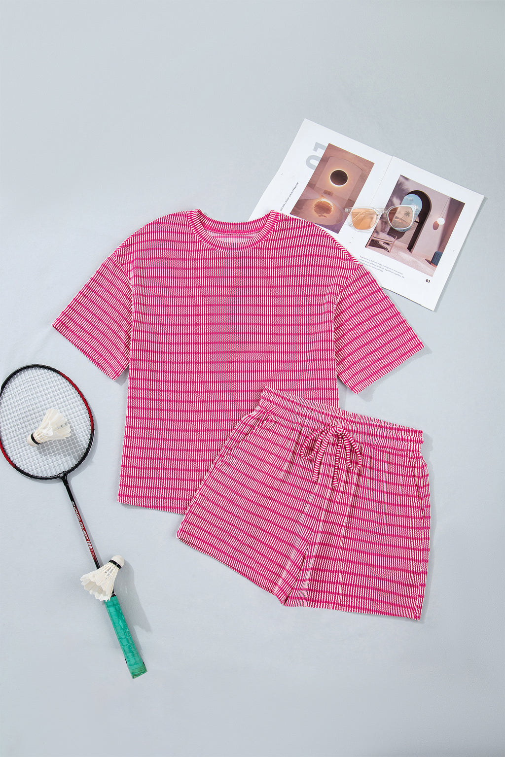 Women's Stripe Raised Rib Tee & Drawstring Shorts Set Women's S-XL at LivelyLooks