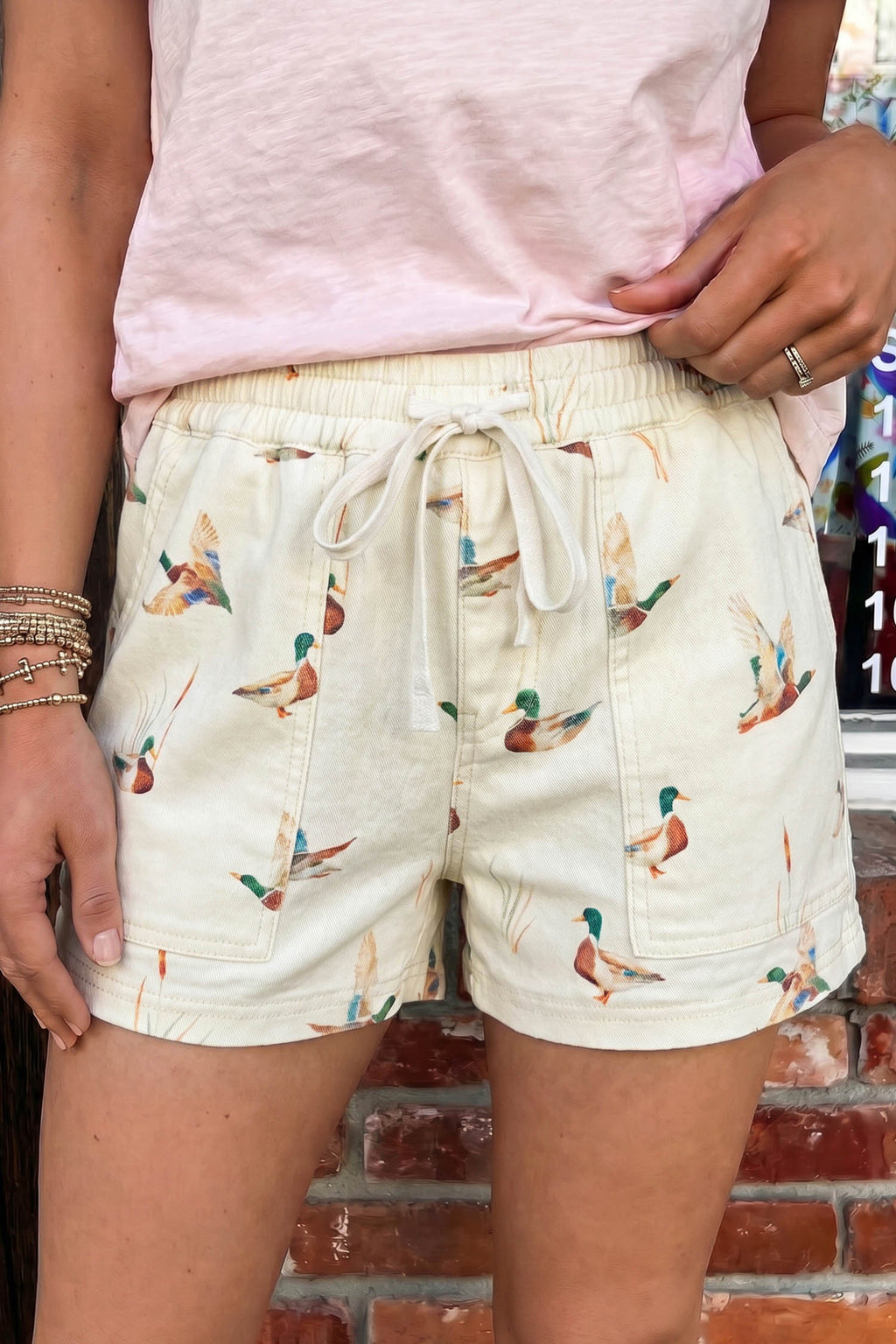 Beige Mallard Print Drawstring Denim Shorts UK 4-16