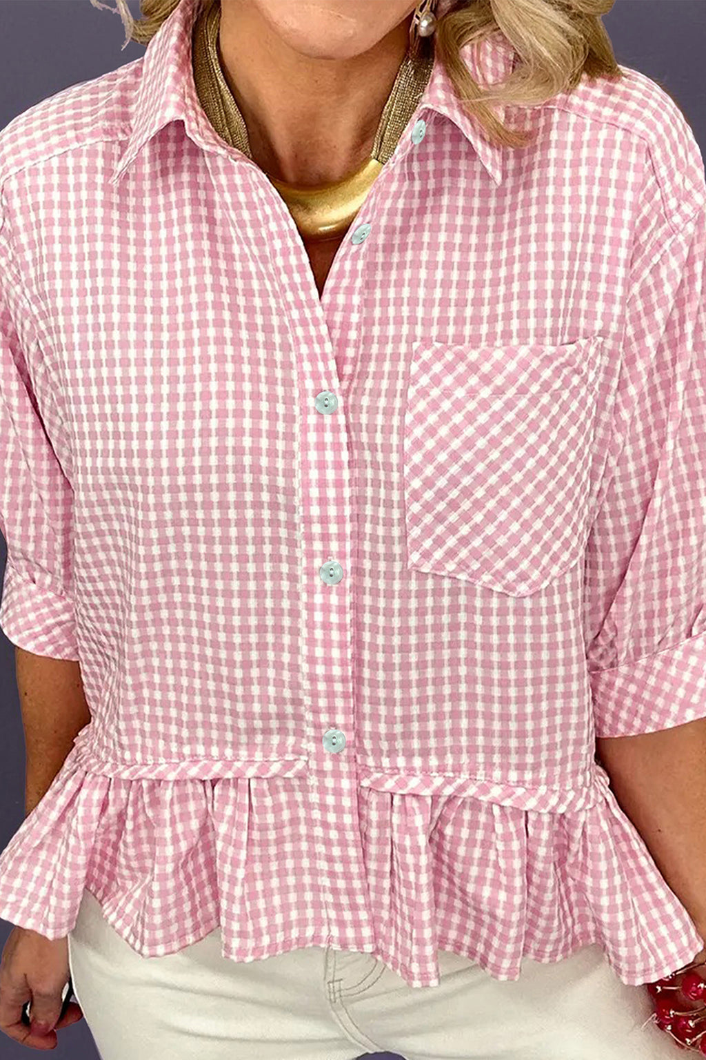 Pink Plaid Ruffle Hem Half Sleeve Button Down Shirt | S-XL