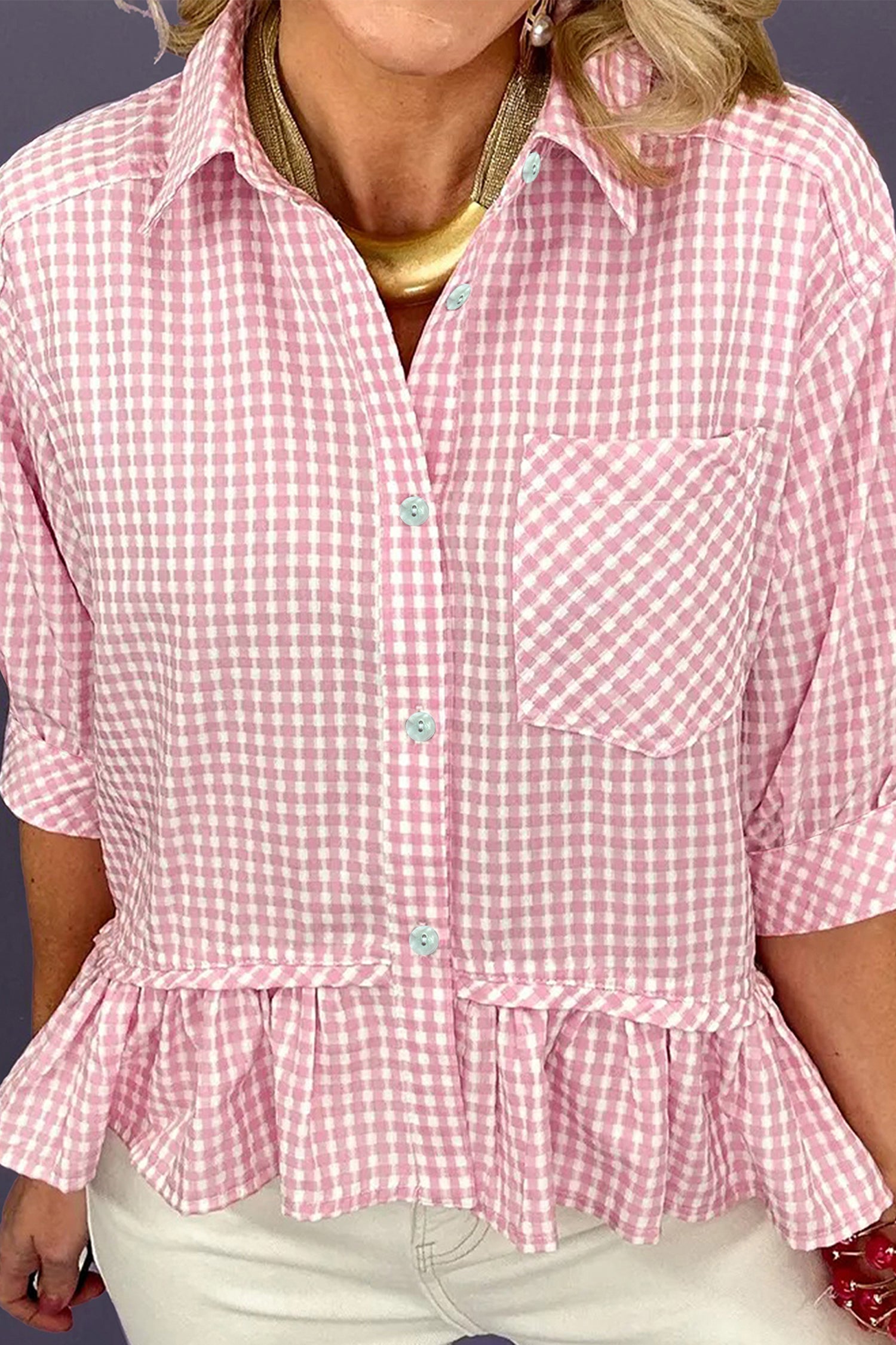Pink Plaid Ruffle Hem Half Sleeve Button Down Shirt | S-XL