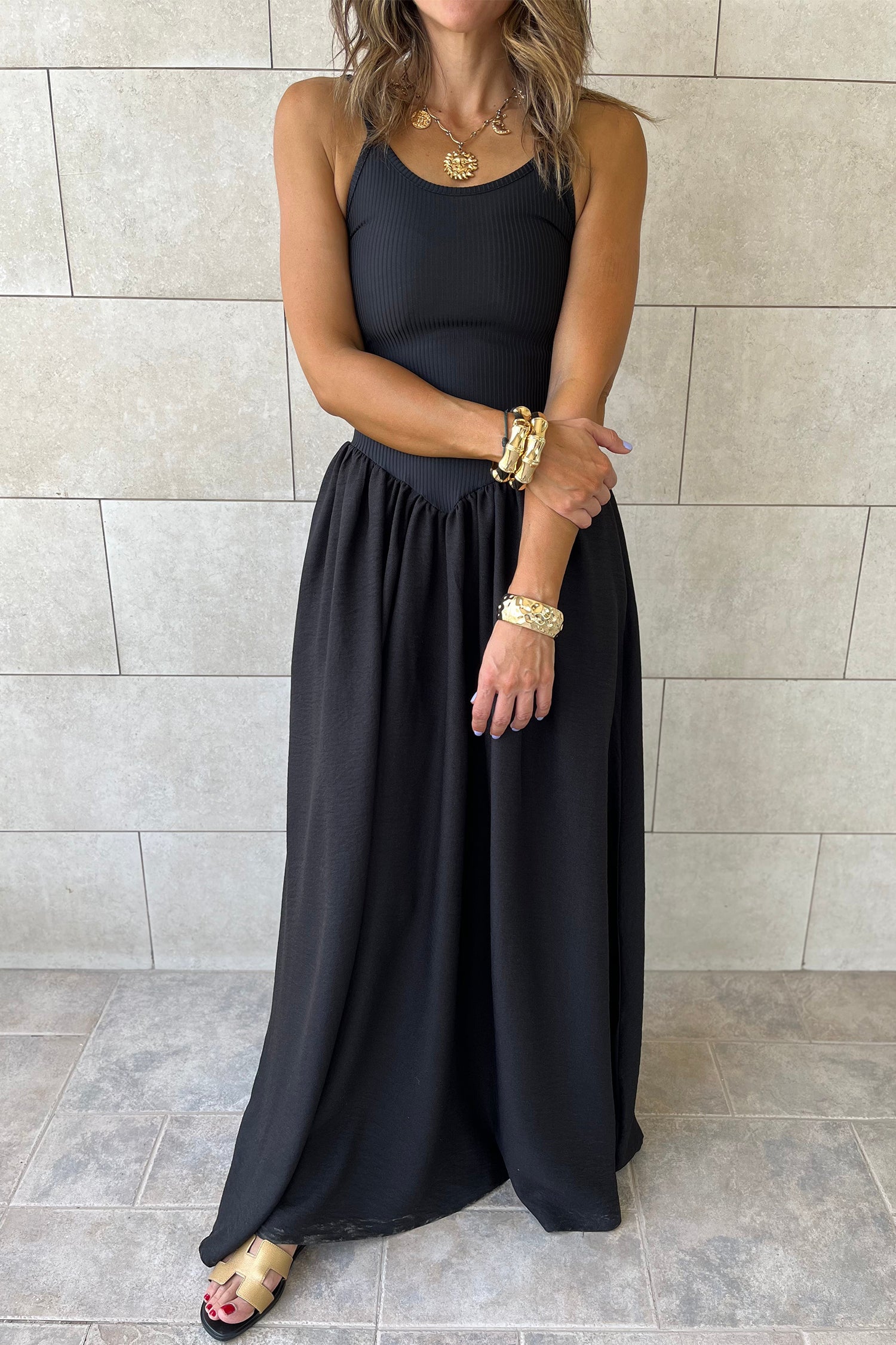 Black Spaghetti Strap Drop Waist Ribbed Patchwork Maxi Dress