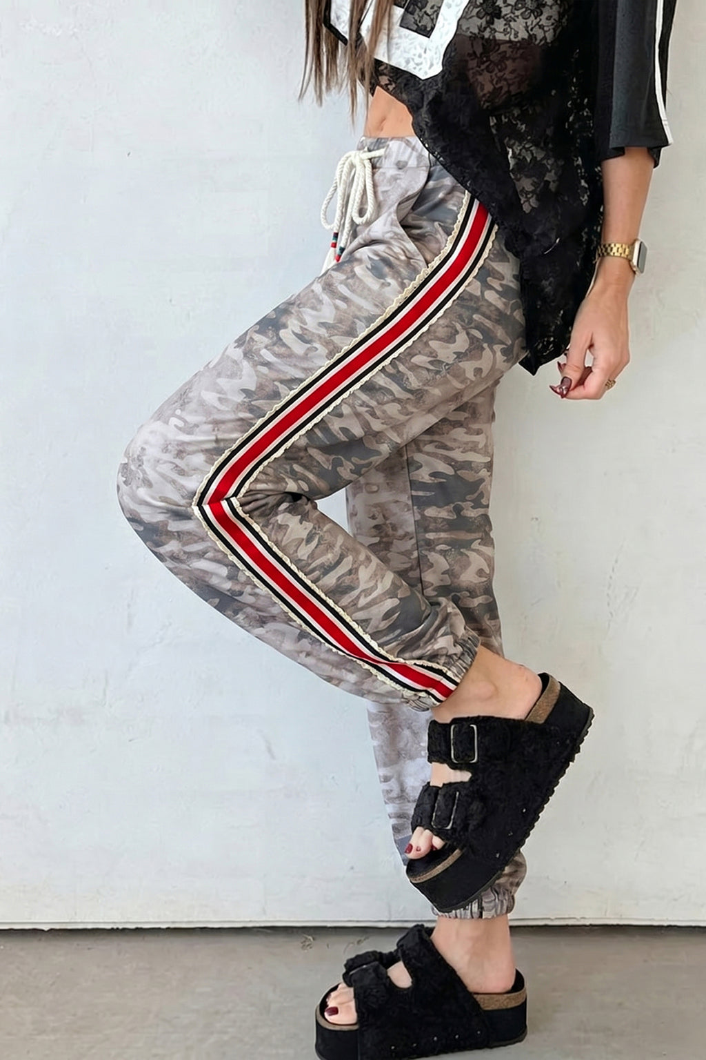 Camouflage Print Drawstring Pants Striped Side Panel Green Khaki Women S-XL