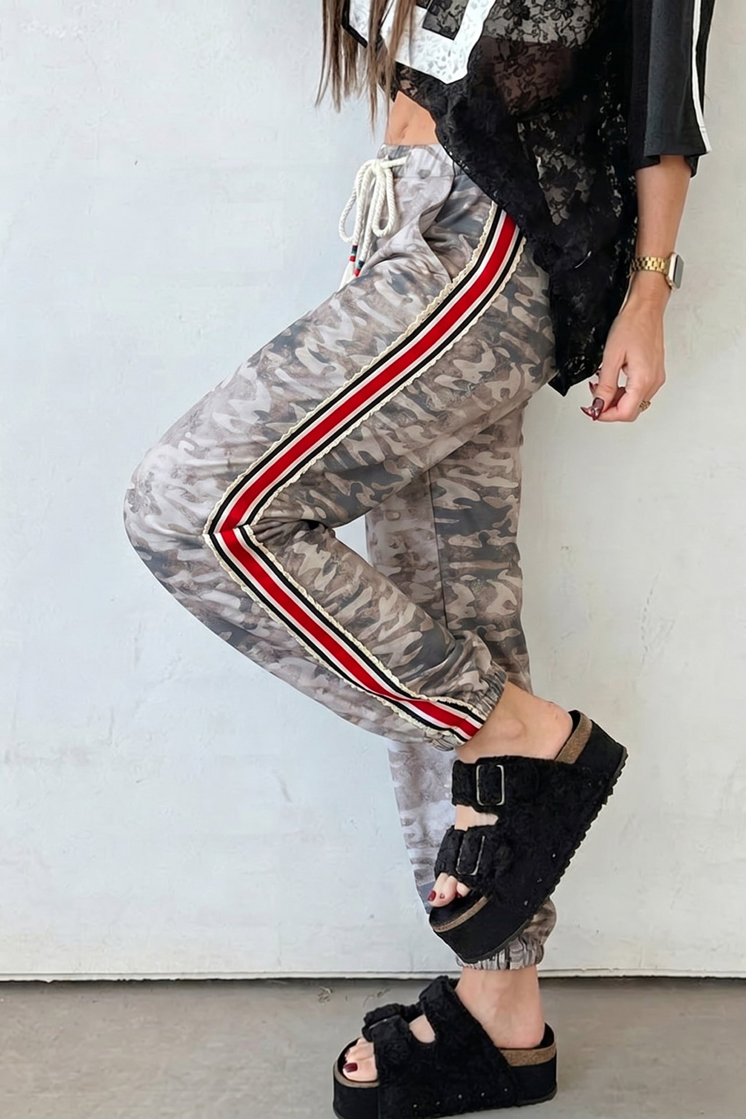 Camouflage Print Drawstring Pants Striped Side Panel Green Khaki Women S-XL