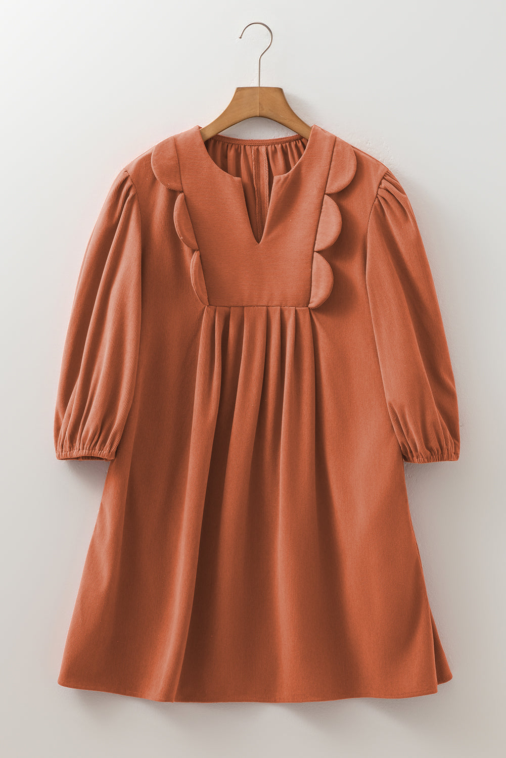 Corduroy Mini Dress Scallop Detail Split Neck Bracelet Sleeve Moss Green Cinnamon S-XL