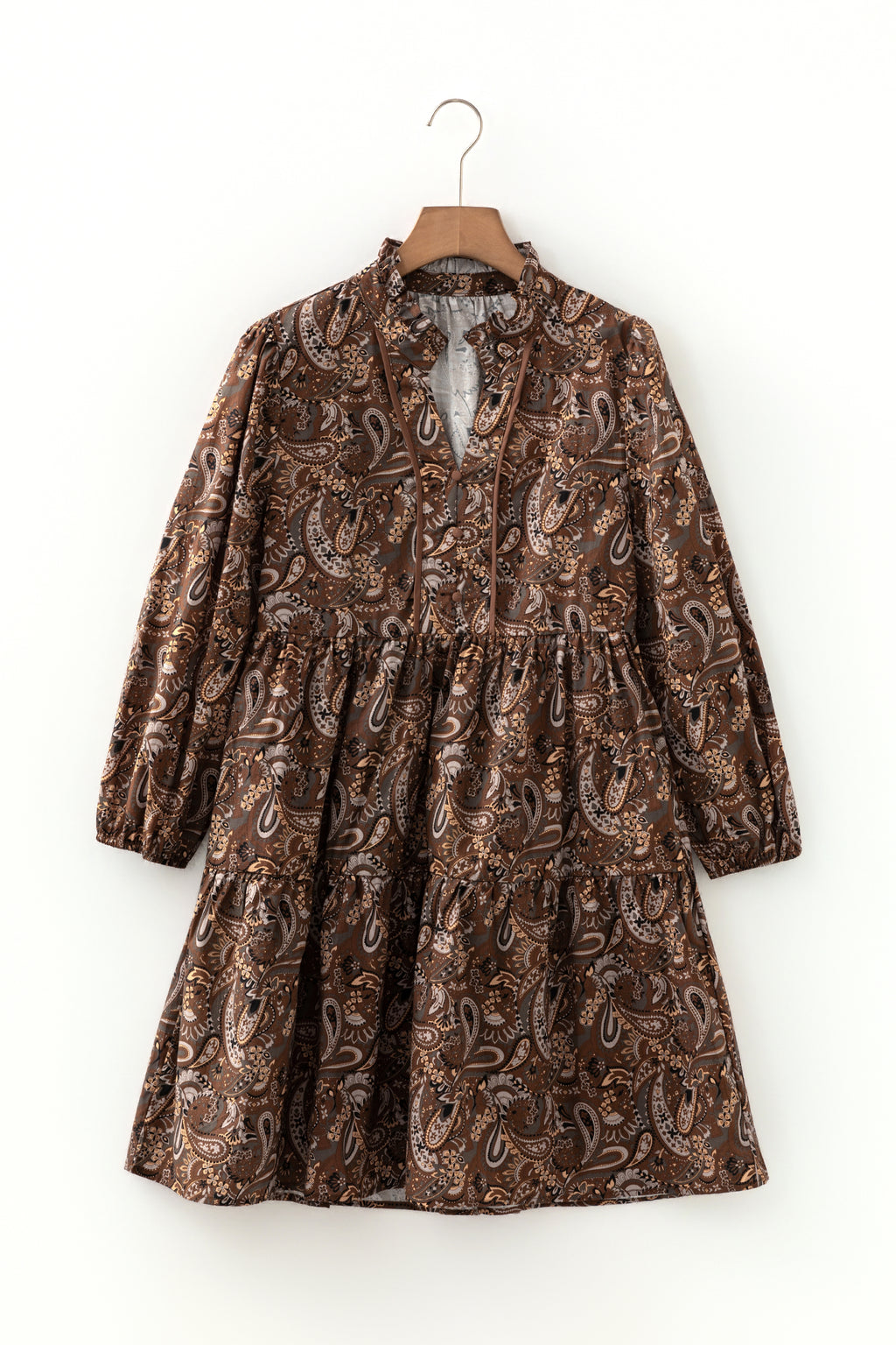 Brown Paisley Print Mini Dress Puff Sleeve Half Button Flowy Women S-XL