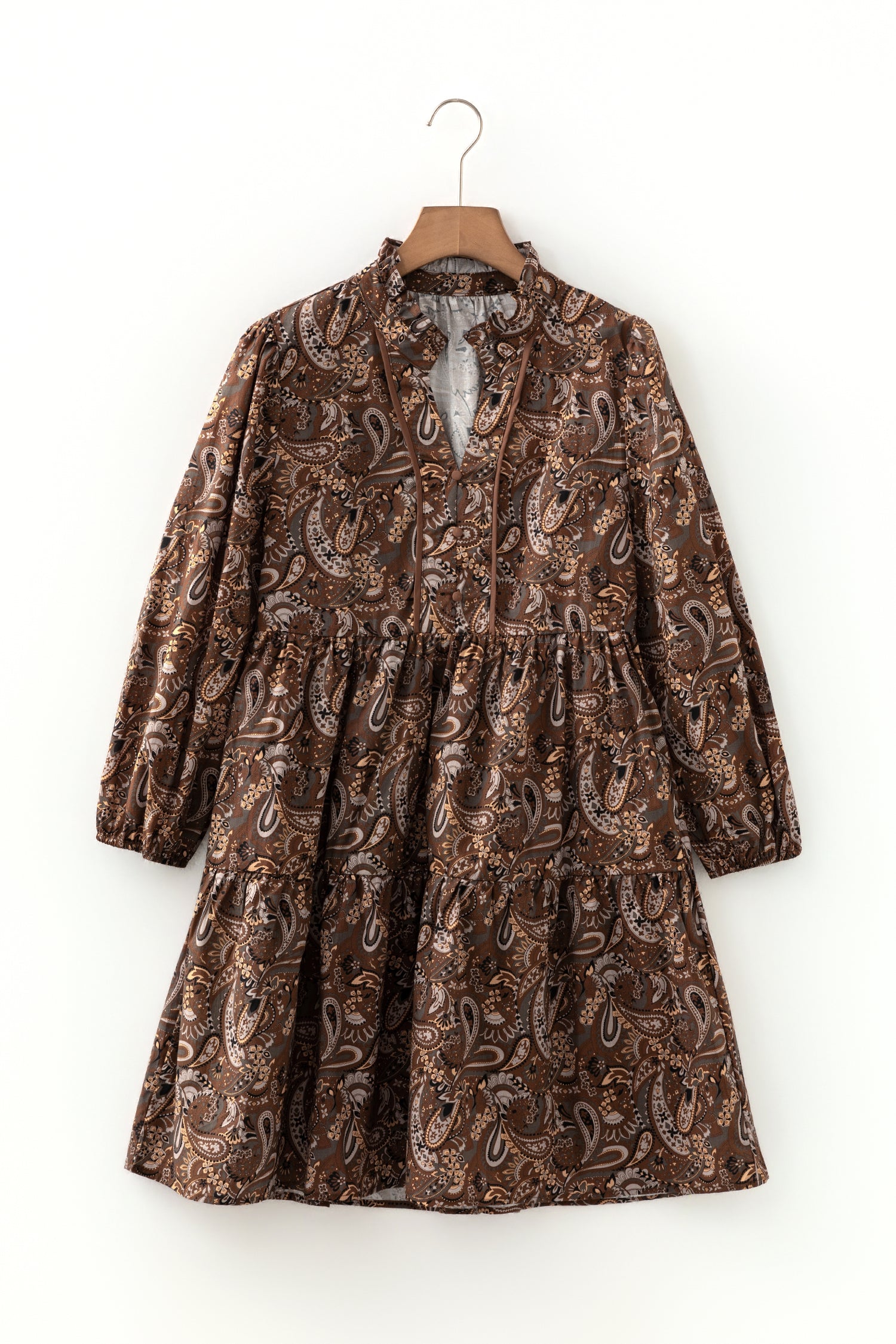 Brown Paisley Print Mini Dress Puff Sleeve Half Button Flowy Women S-XL