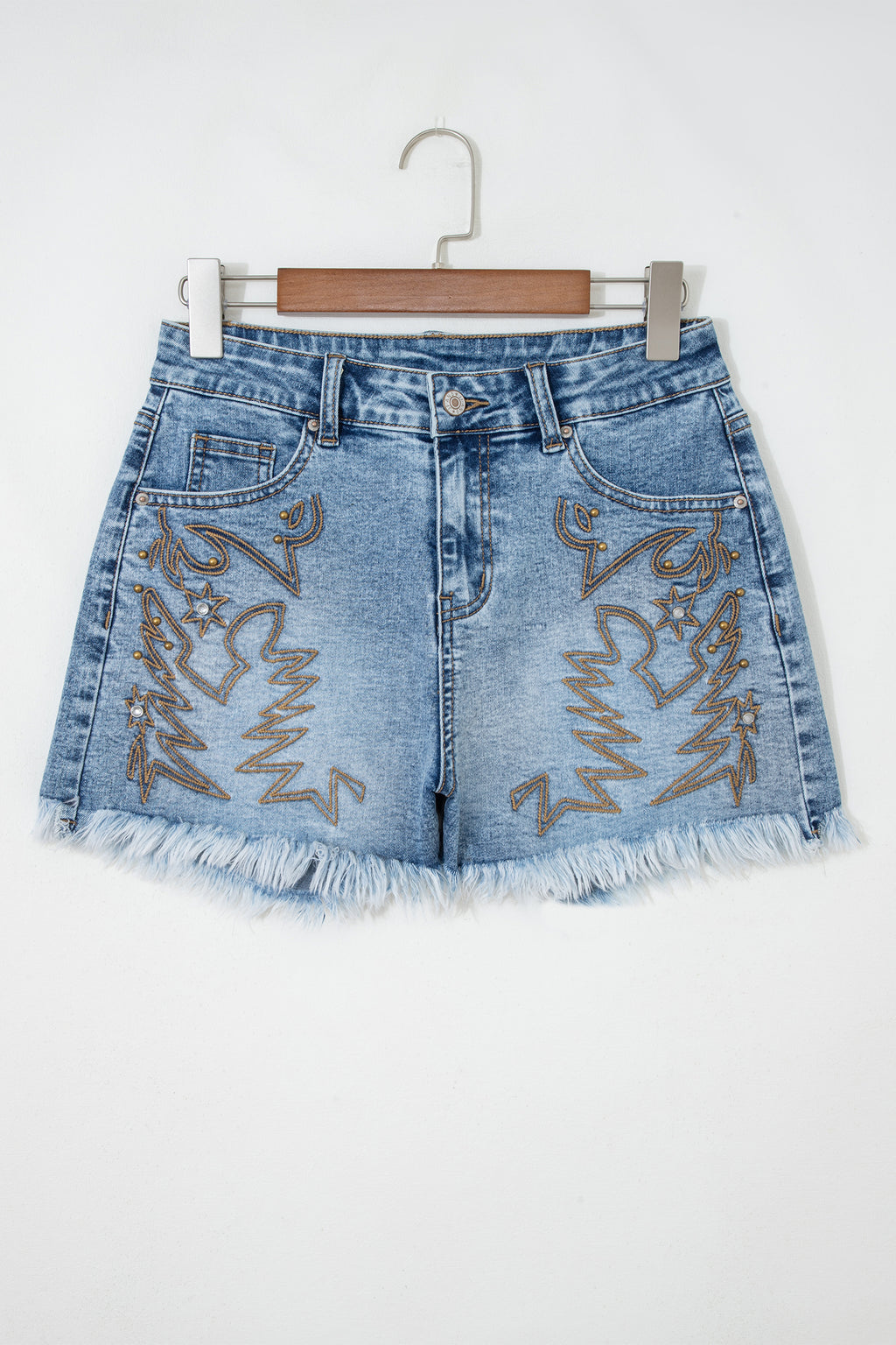 Dusk Blue Western Embroidery Denim Shorts Stud Detail Frayed Hem Women UK 4-16