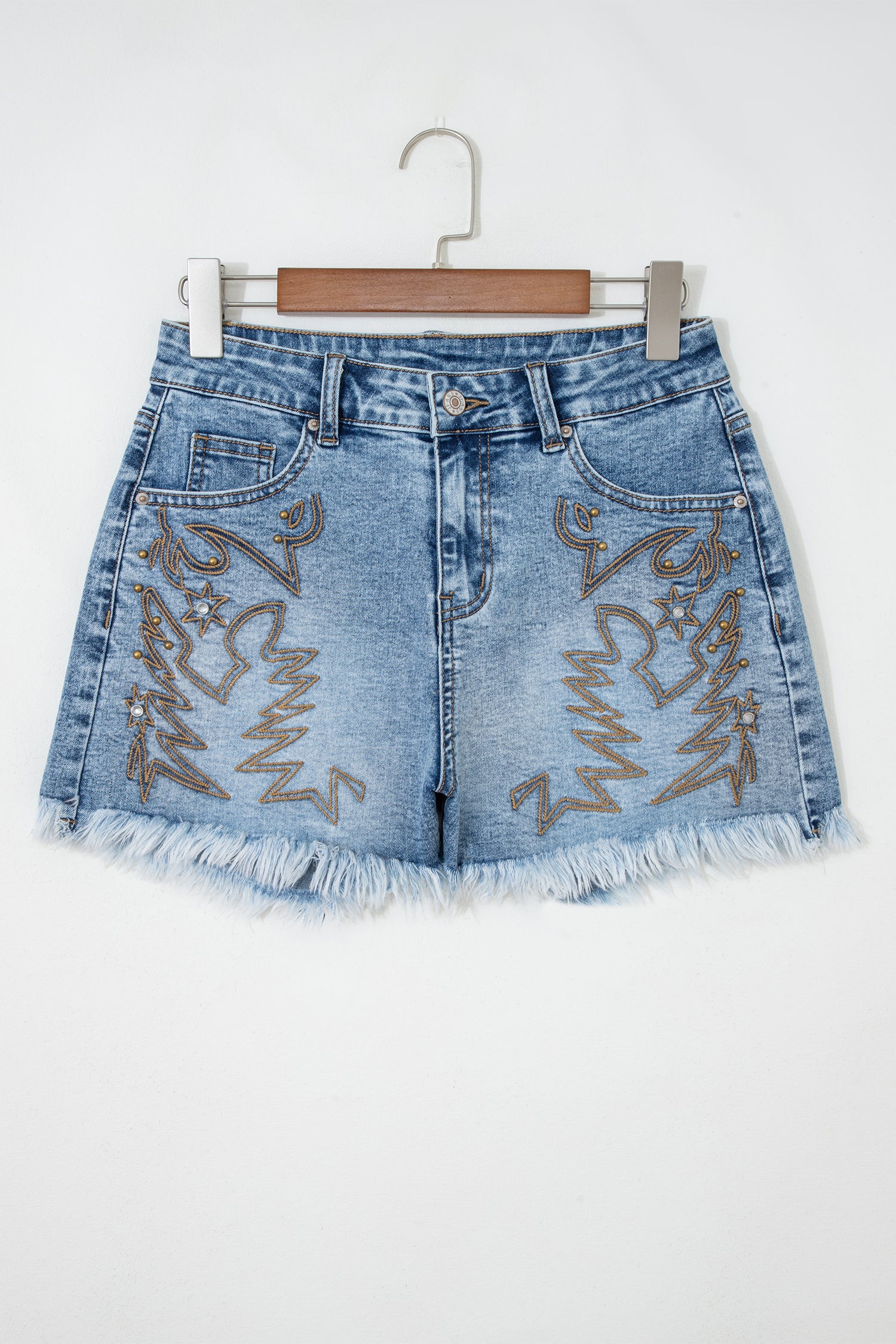 Dusk Blue Western Embroidery Denim Shorts Stud Detail Frayed Hem Women UK 4-16