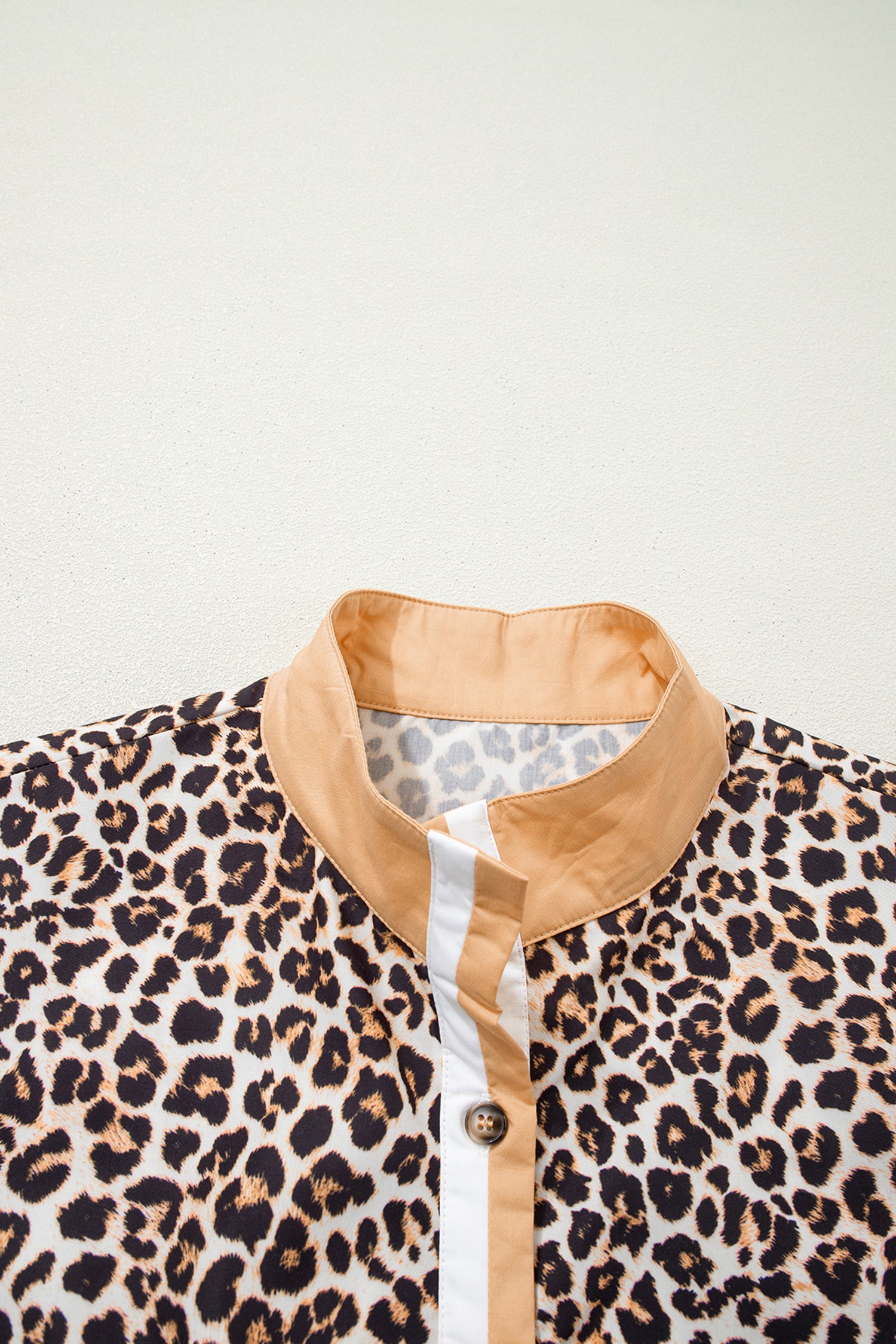 Women's Khaki Button Striped Collar Leopard Print Long Sleeve Flared Dress at LivelyLooks