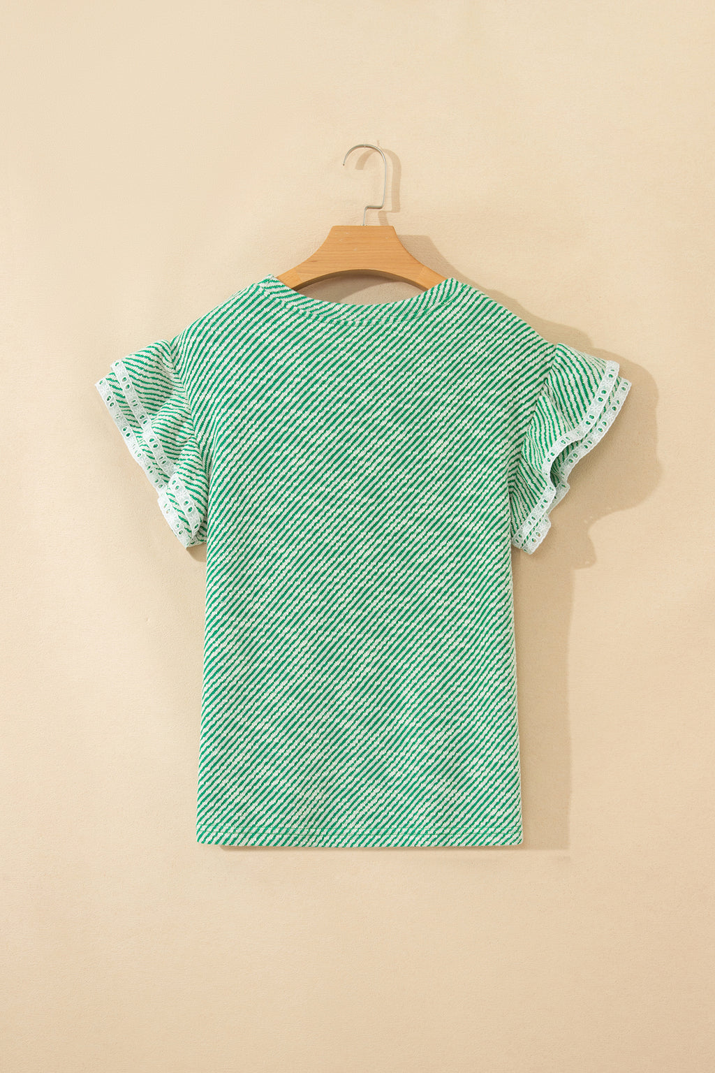 Women's Clearly Aqua Twilled Print Lace Trim Ruffled Short Sleeve Blouse at LivelyLooks